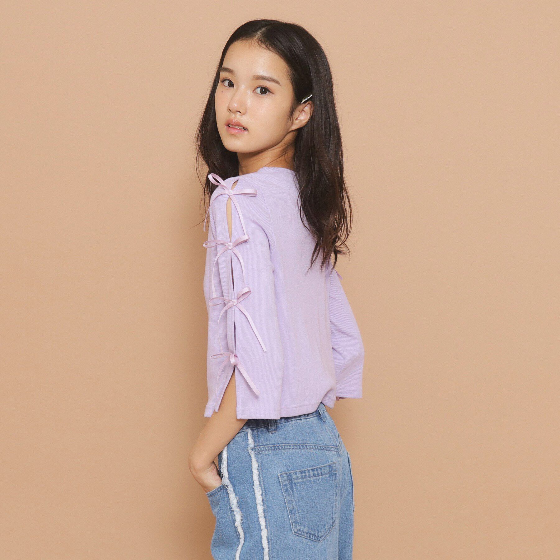 PINK-latte「【130cmあり】リボン袖ショート丈プルオーバー」|Tシャツ・カットソー|