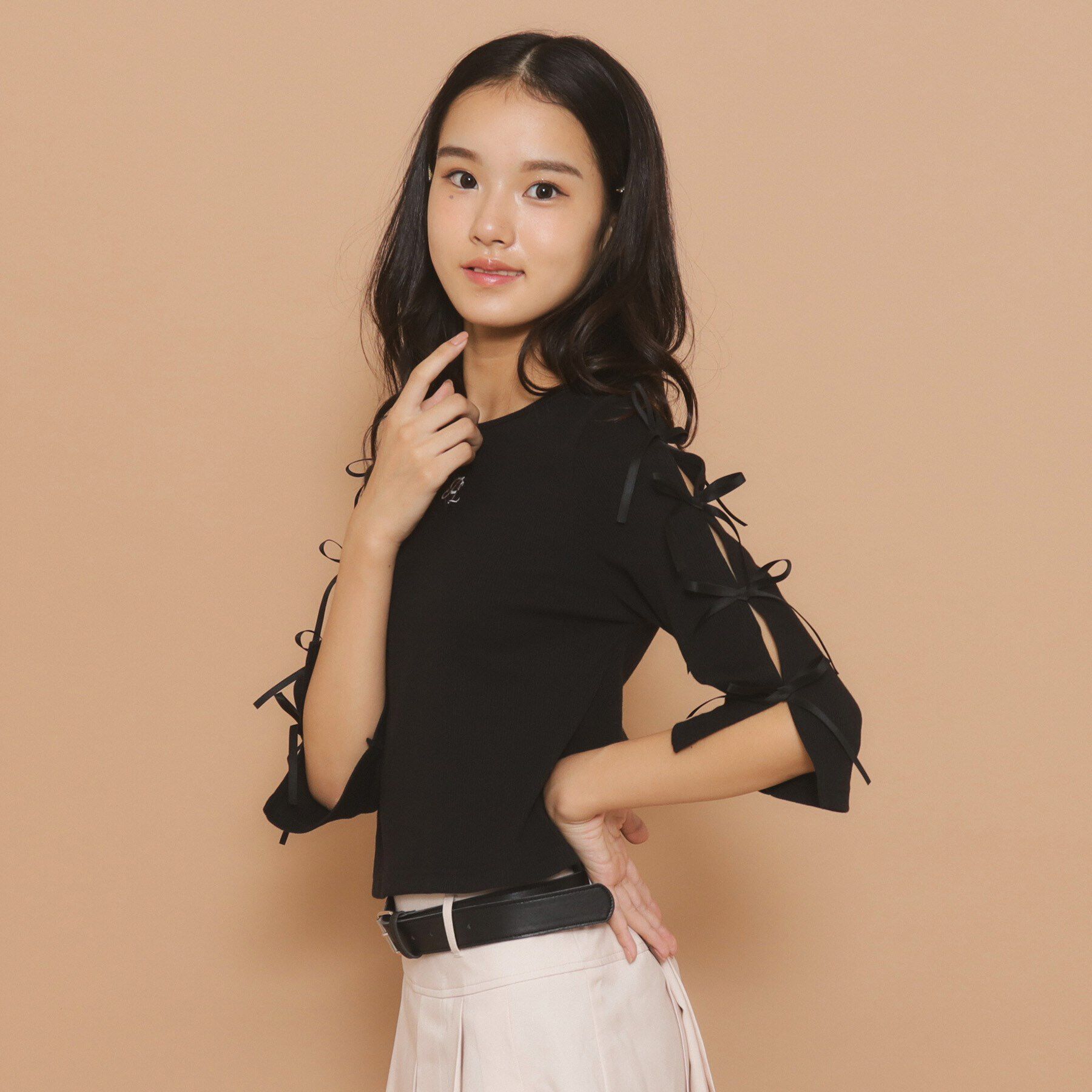 PINK-latte「【130cmあり】リボン袖ショート丈プルオーバー」|Tシャツ・カットソー|ブラック(019)