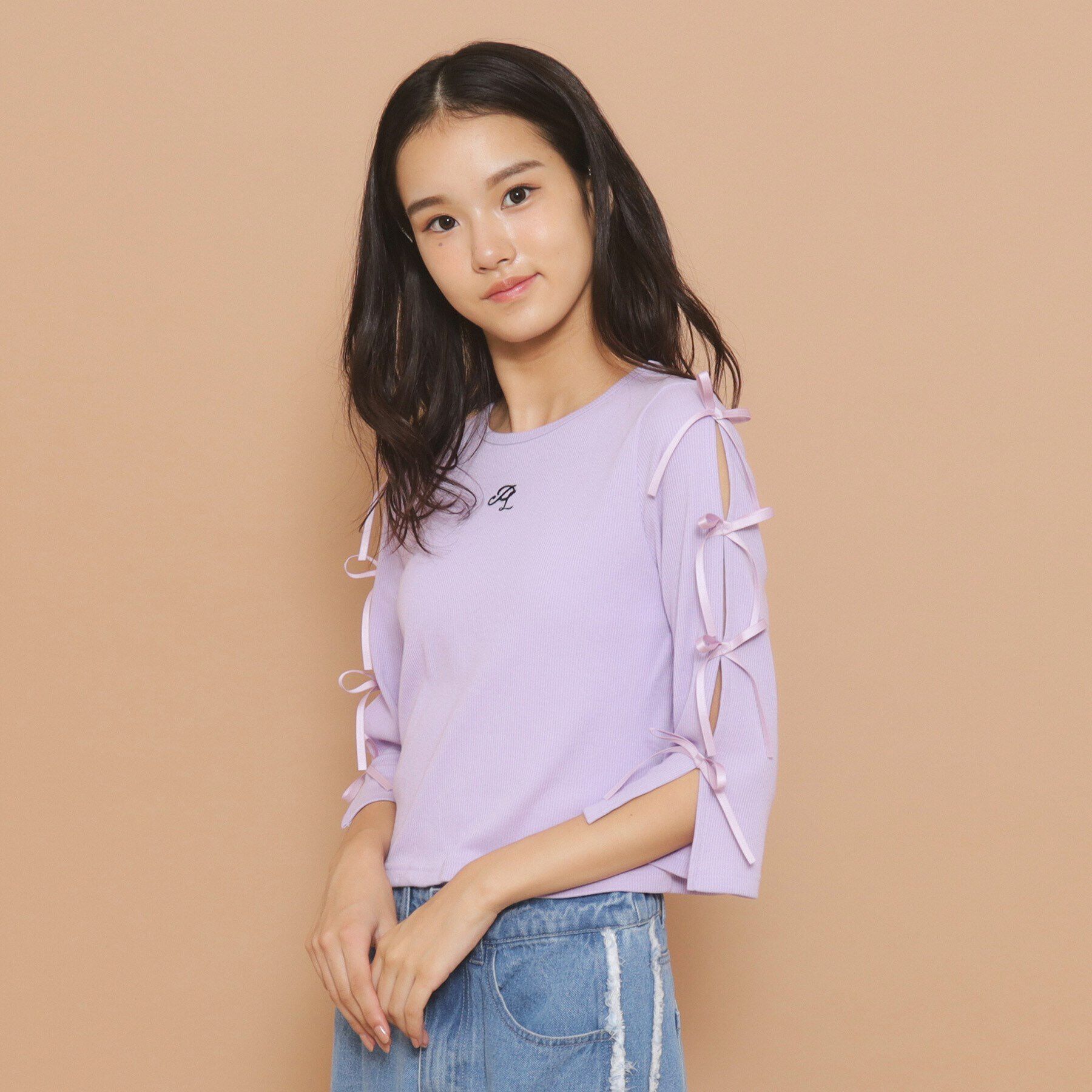 PINK-latte「【130cmあり】リボン袖ショート丈プルオーバー」|Tシャツ・カットソー|パープル(081)