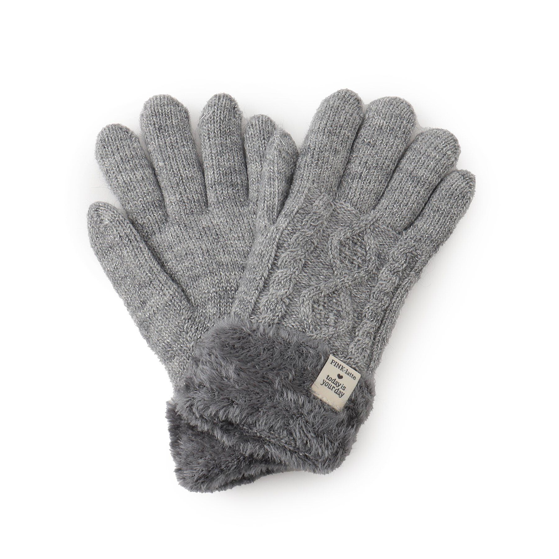 PINK-latte「ケーブル編み裏モール手袋」|手袋|グレー(012)