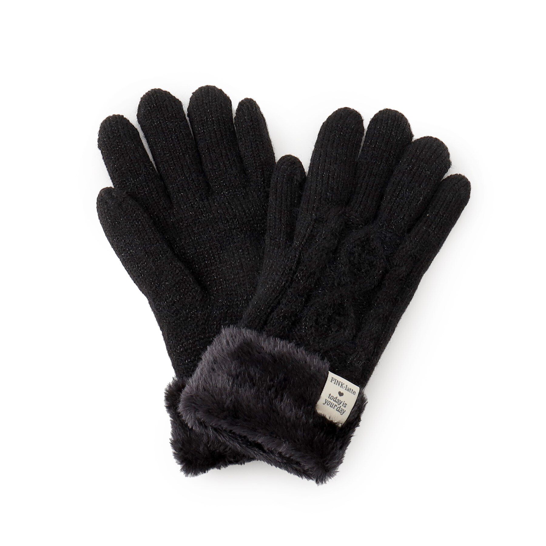 PINK-latte「ケーブル編み裏モール手袋」|手袋|ブラック(019)