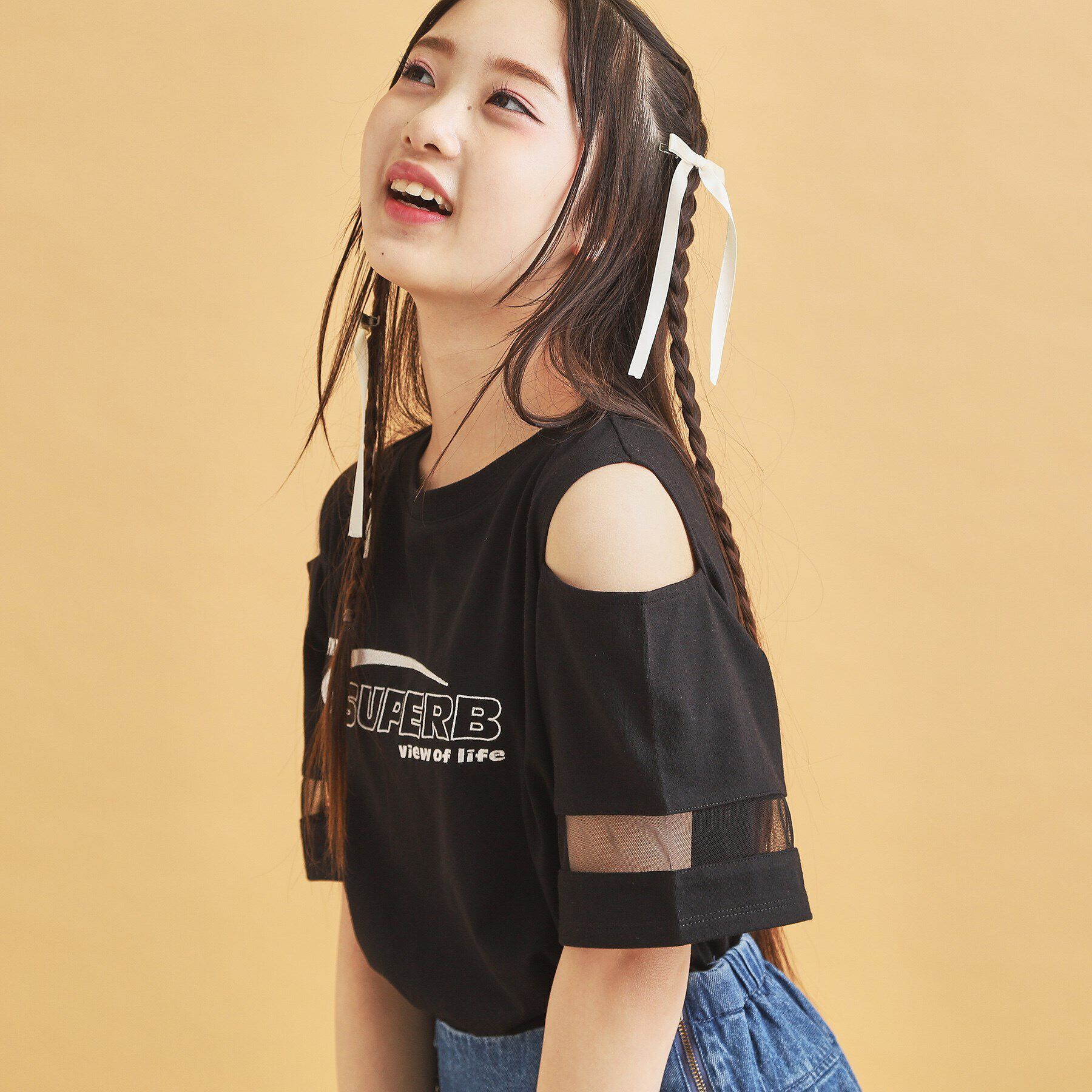 PINK-latte「チュール切替肩あきTシャツ」|Tシャツ・カットソー|ブラック(019)