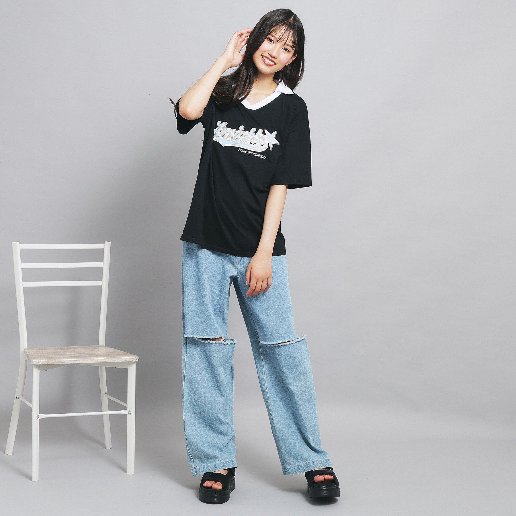 PINK-latte「Vネック衿付きアップリケビッグTシャツ」|Tシャツ・カットソー|