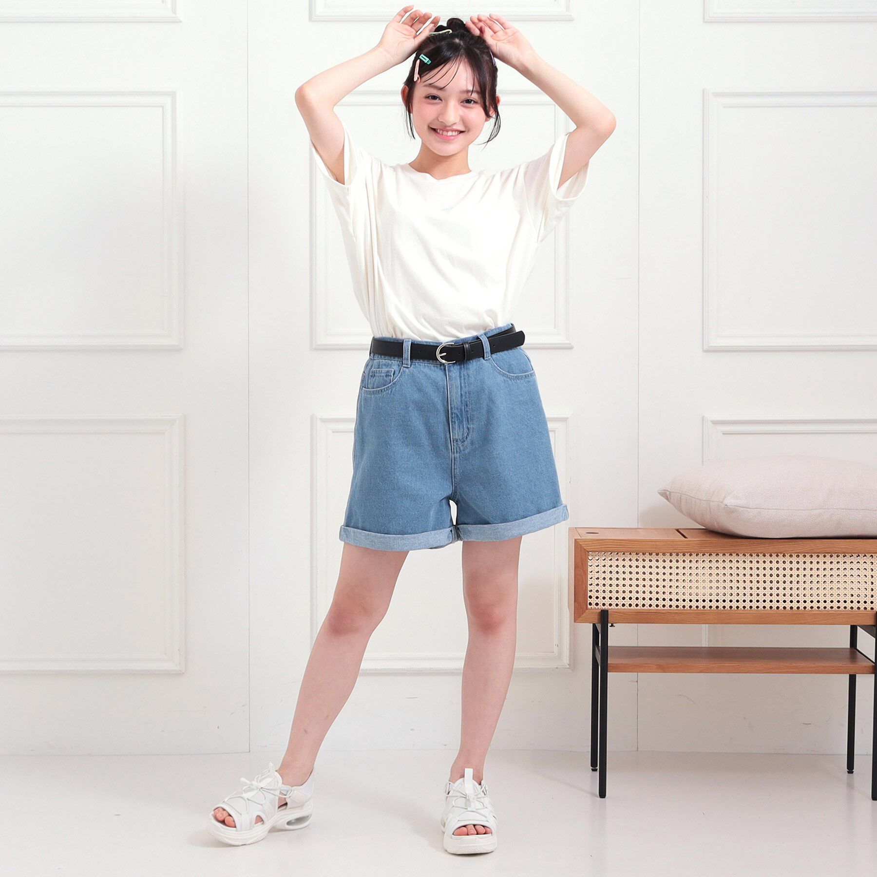 PINK-latte「ベルト付きデニムショートパンツ」|キュロット|