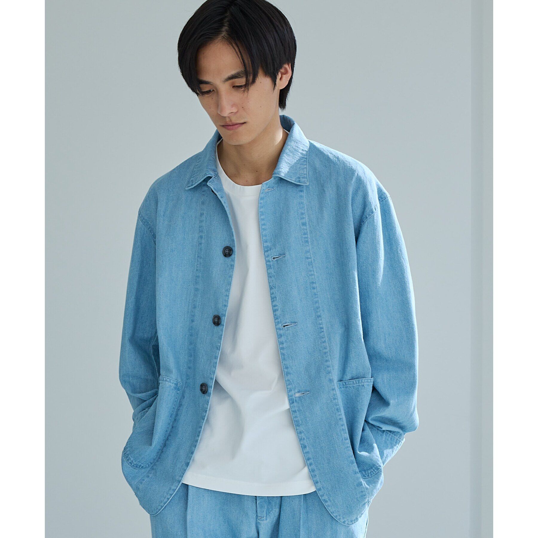 THE SHOP TK「綿麻デニムカバーオール　セットアップ可」|ブルゾン・スタジャン|サックスブルー(09