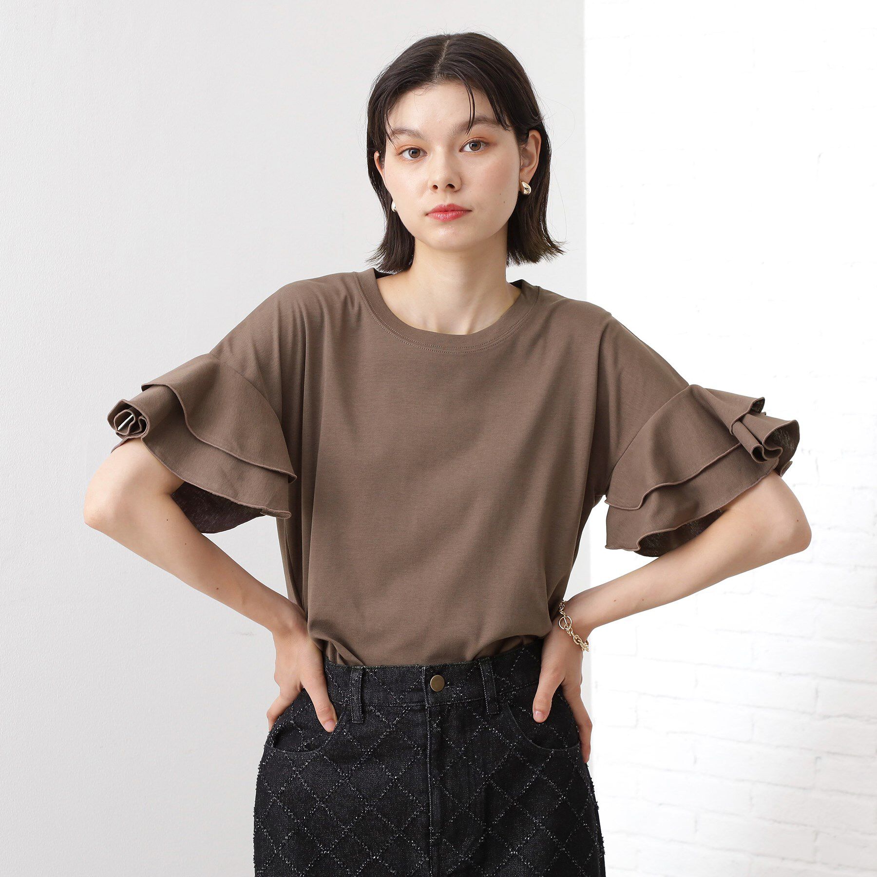 THE SHOP TK「【汗染み防止】袖フリルTシャツ【UVカット/洗濯機OK】」|Tシャツ・カットソー|モカブラウン(042