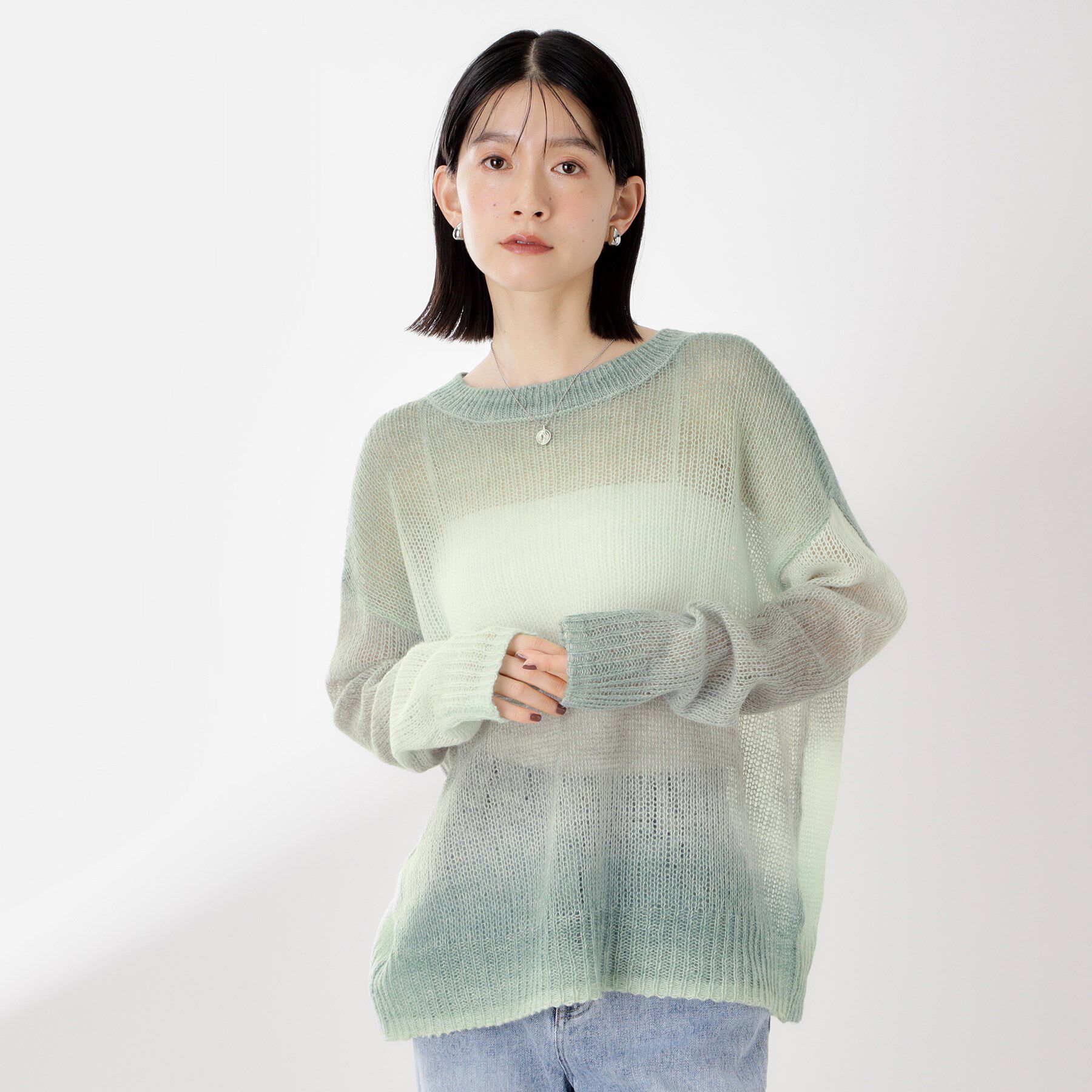 THE SHOP TK「スペースダイ透かし編みニット」|ニット・セーター|ミントグリーン(02