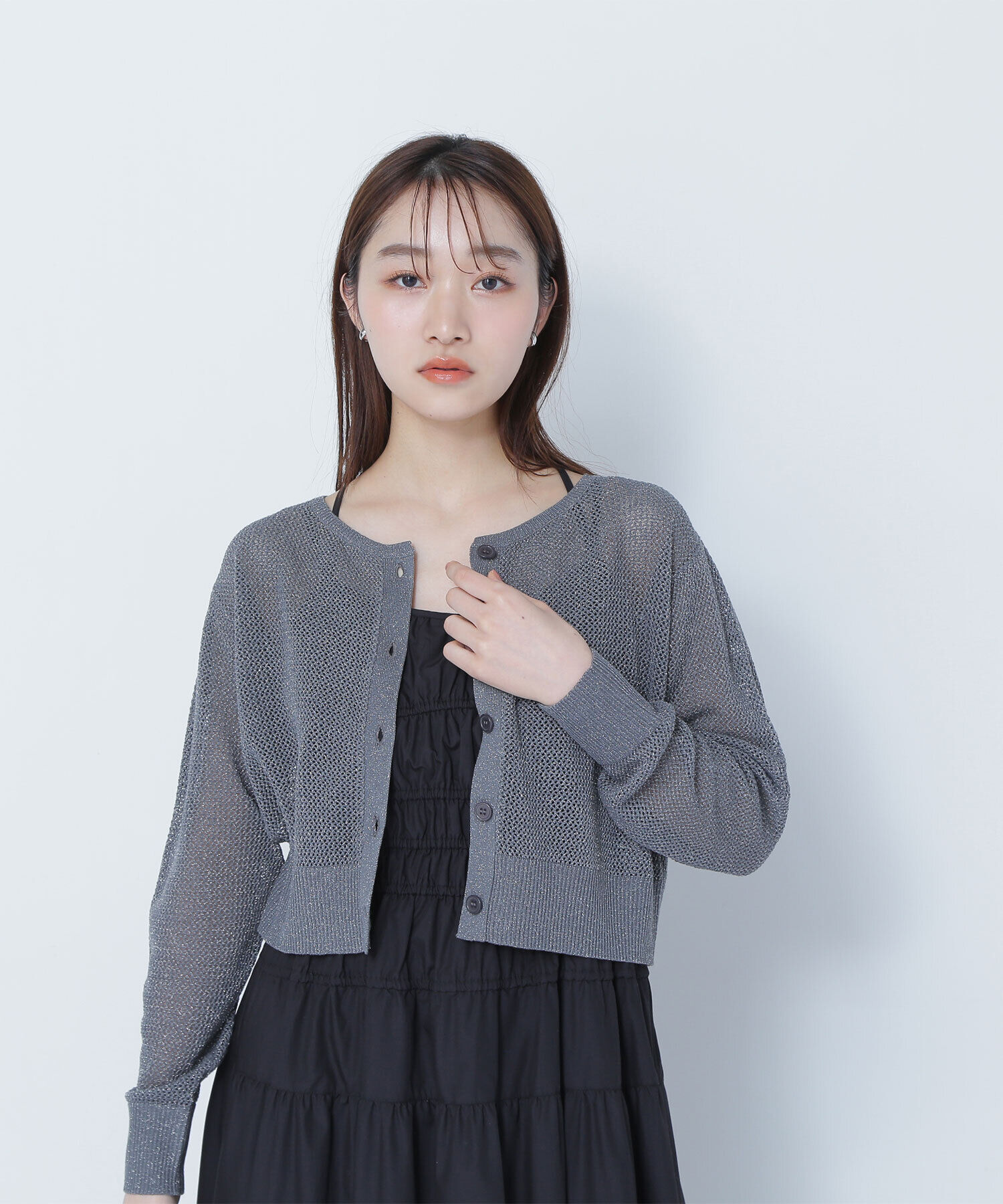 「ラメメッシュカーディガン」|ニット・セーター|チャコール1