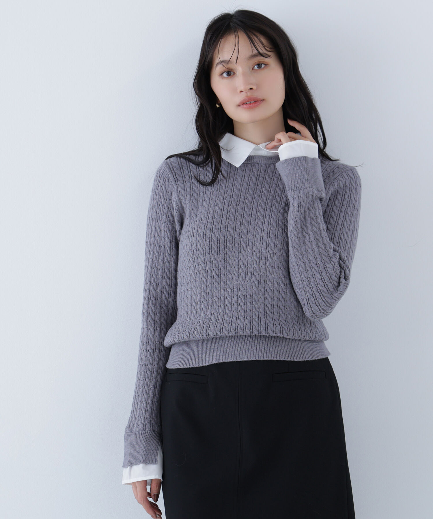  「シャツカラードッキングケーブルニット」|ニット・セーター|