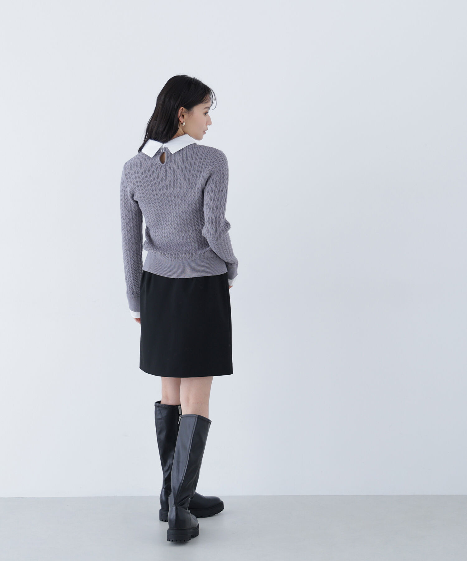  「シャツカラードッキングケーブルニット」|ニット・セーター|