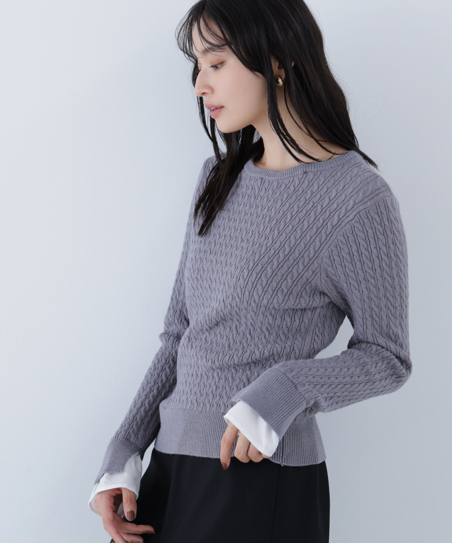  「シャツカラードッキングケーブルニット」|ニット・セーター|