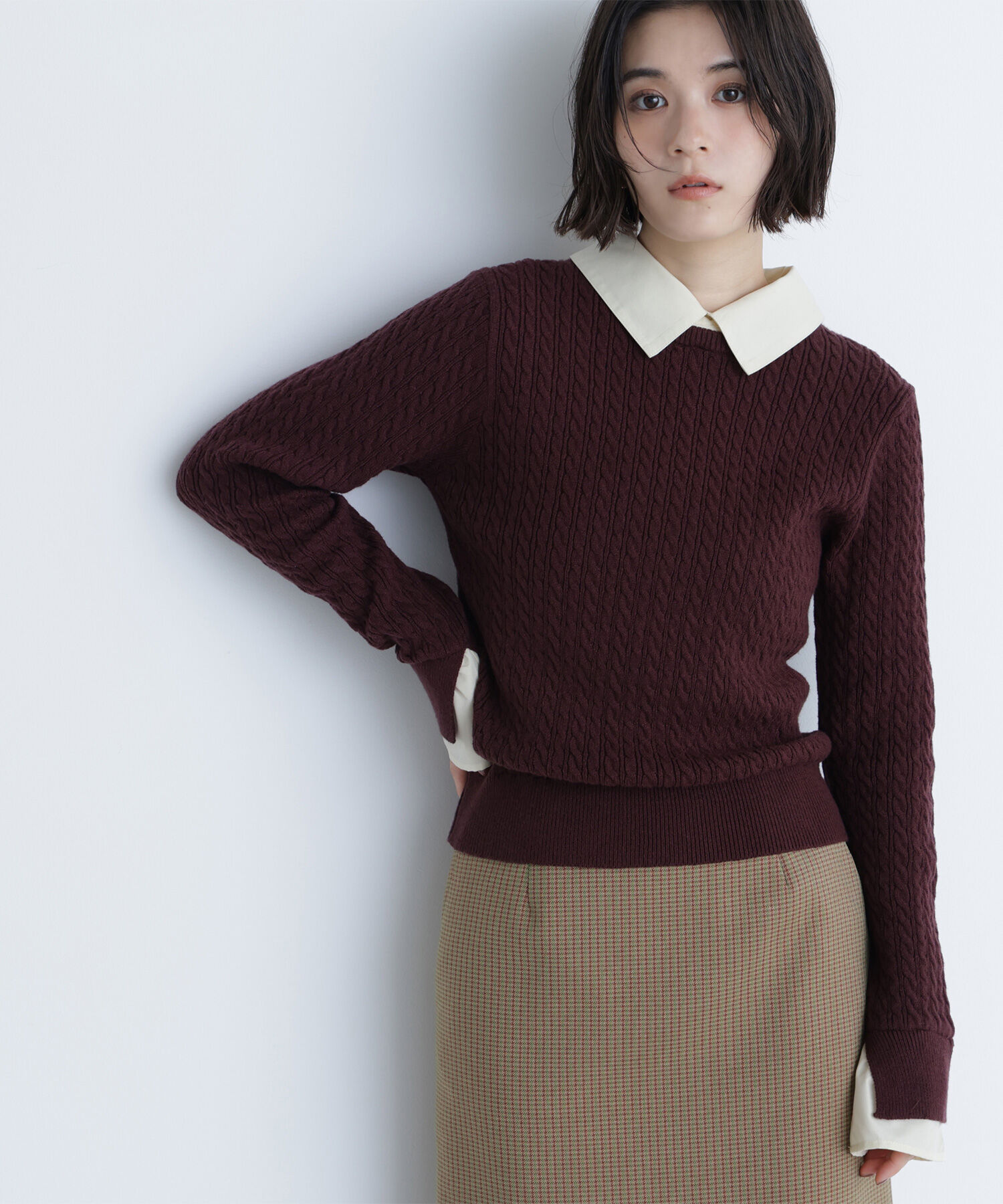  「シャツカラードッキングケーブルニット」|ニット・セーター|ブラウン&times;イ  2