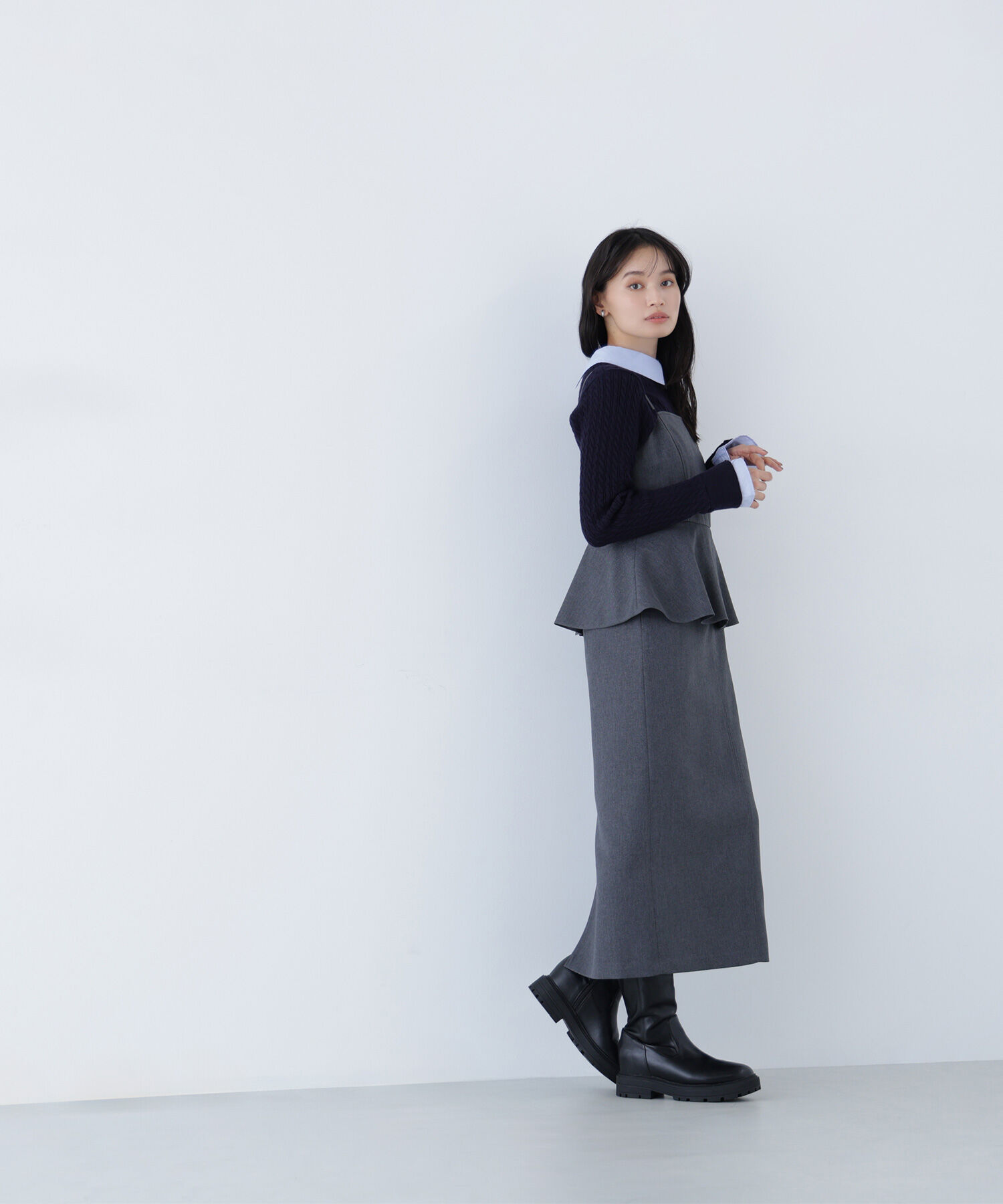  「シャツカラードッキングケーブルニット」|ニット・セーター|