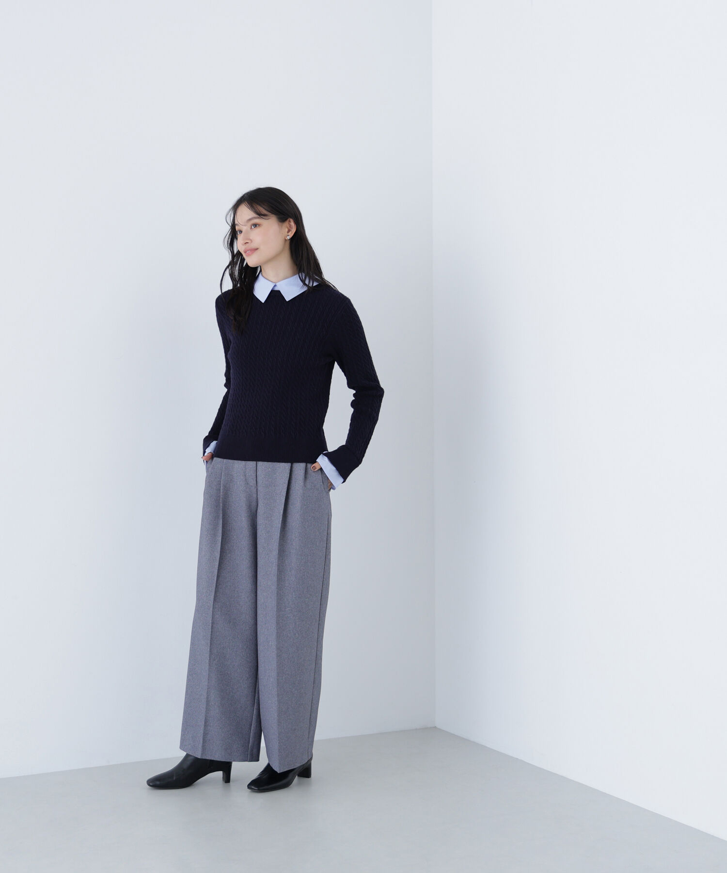  「シャツカラードッキングケーブルニット」|ニット・セーター|