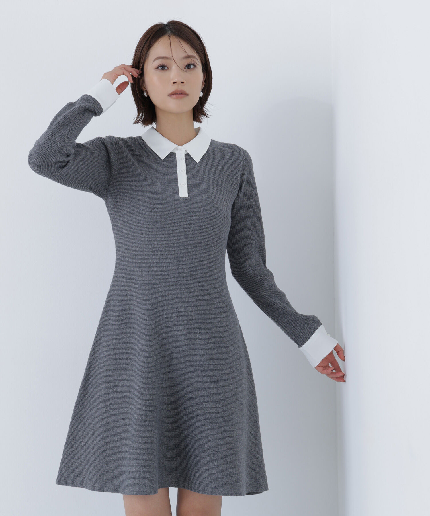  「シャツカラーミニニットワンピース」|ワンピース|