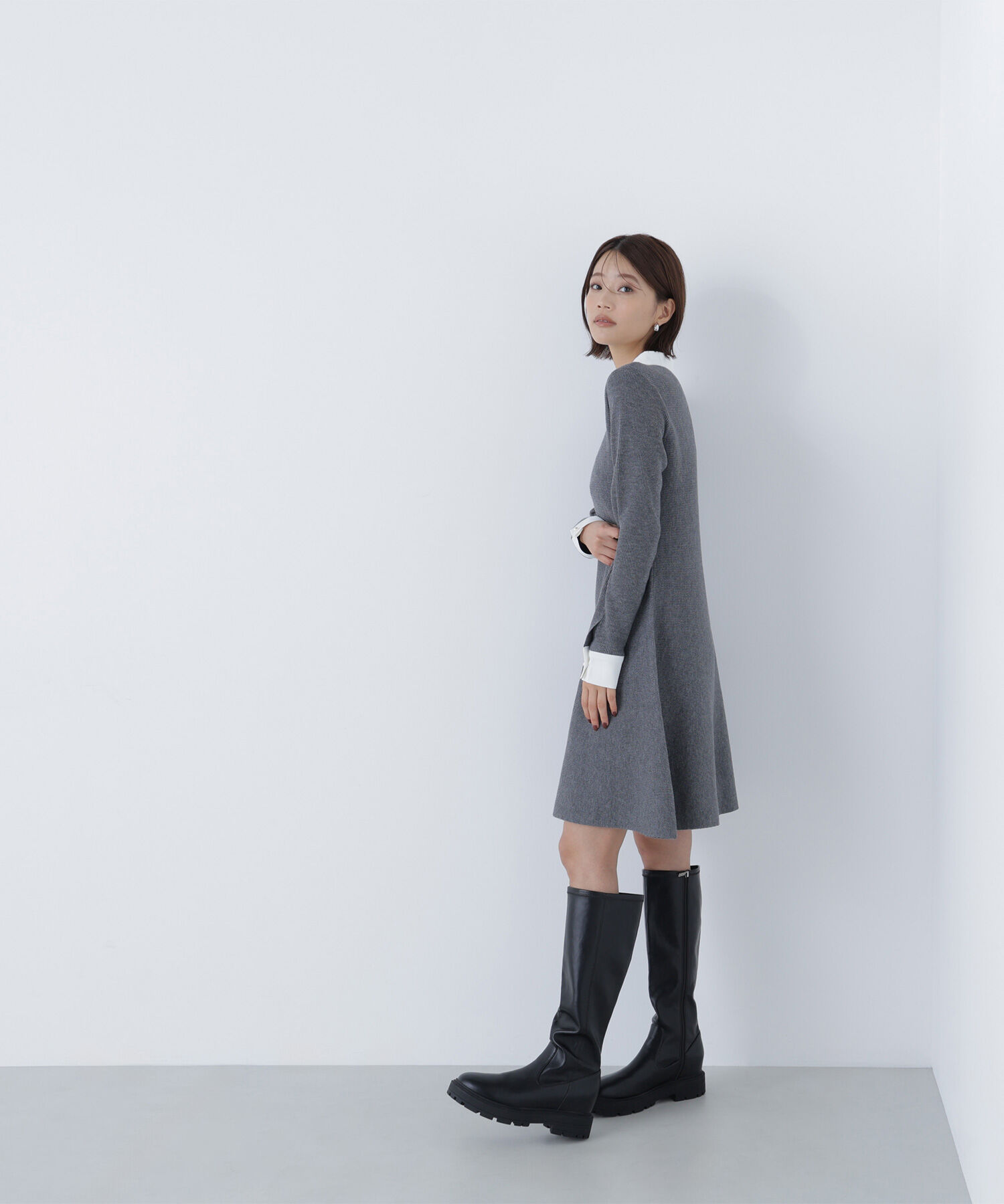  「シャツカラーミニニットワンピース」|ワンピース|