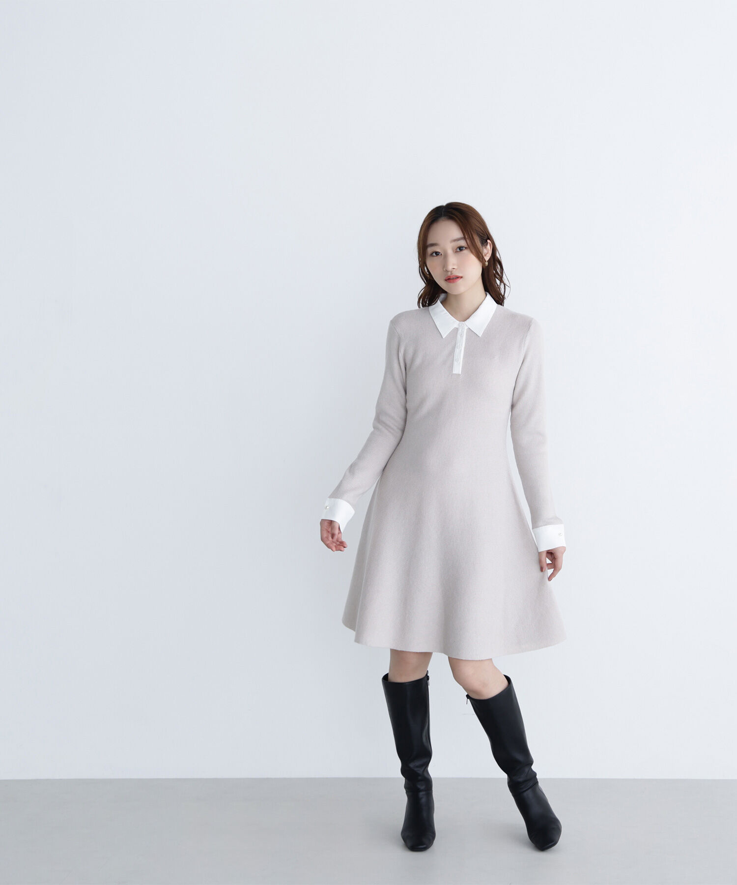  「シャツカラーミニニットワンピース」|ワンピース|