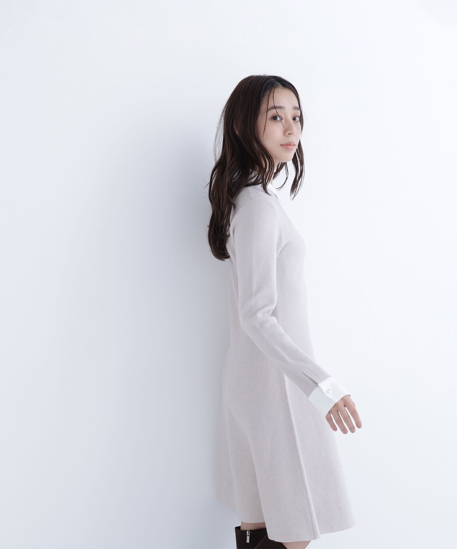  「シャツカラーミニニットワンピース」|ワンピース|