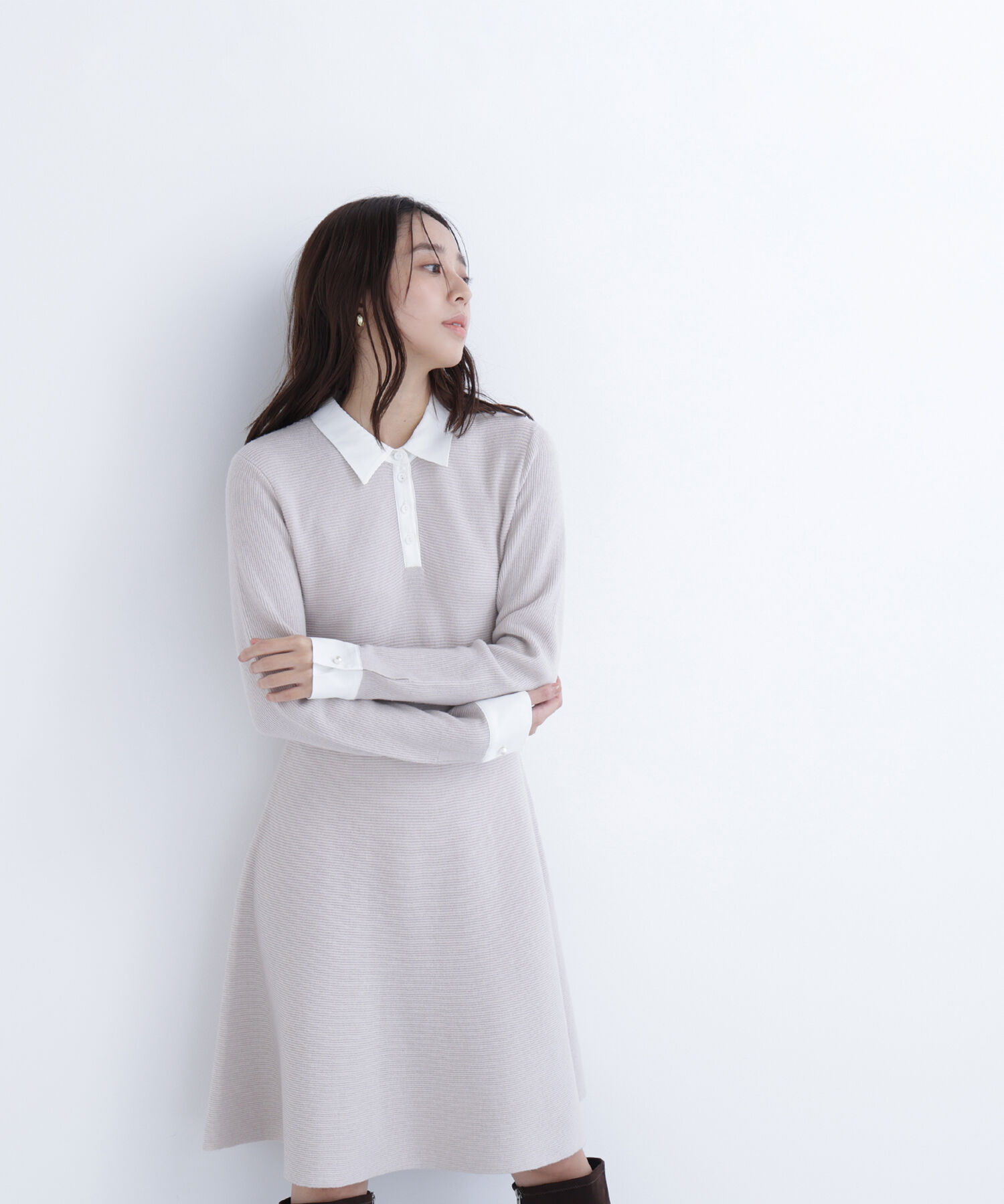  「シャツカラーミニニットワンピース」|ワンピース|