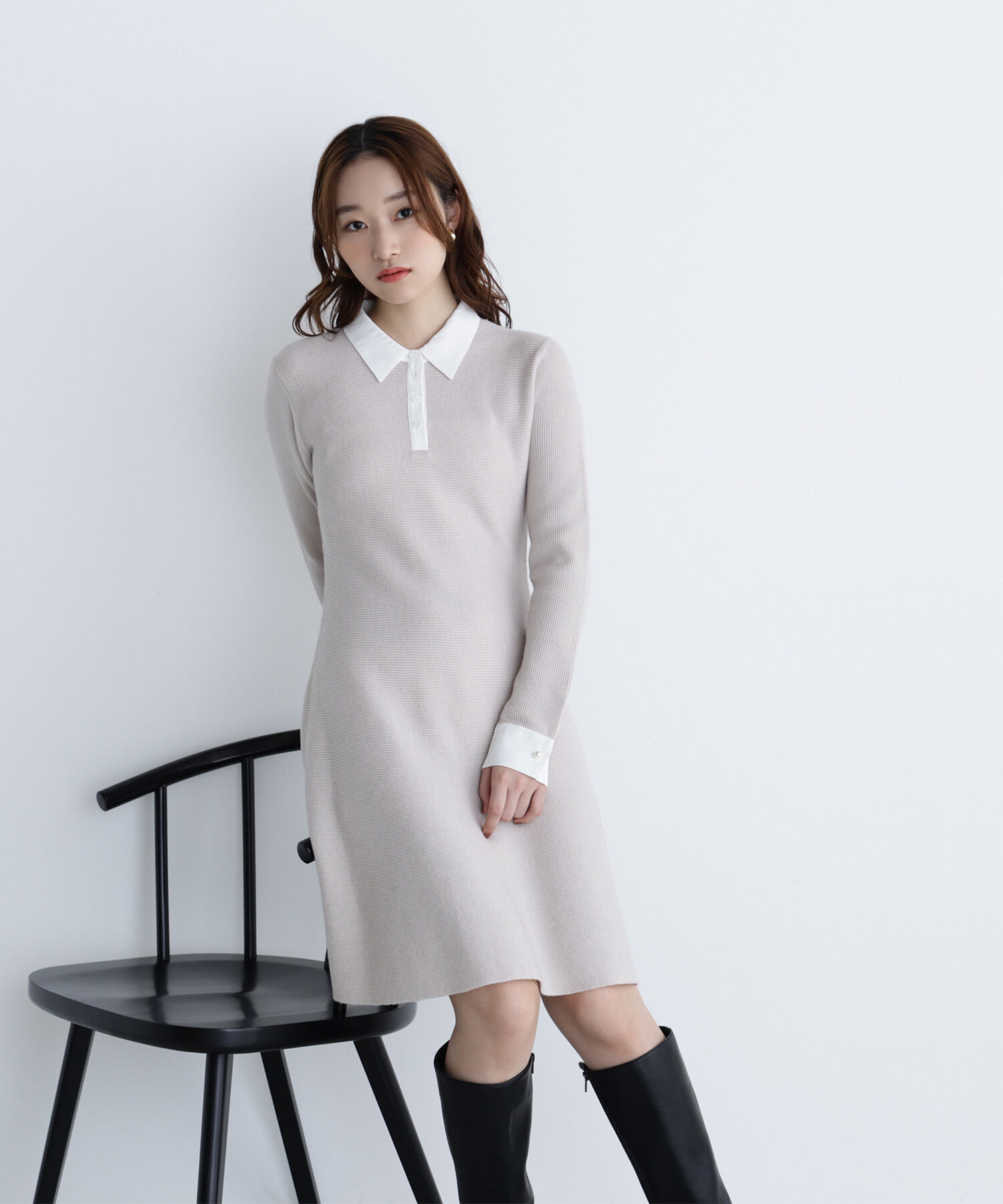  「シャツカラーミニニットワンピース」|ワンピース|
