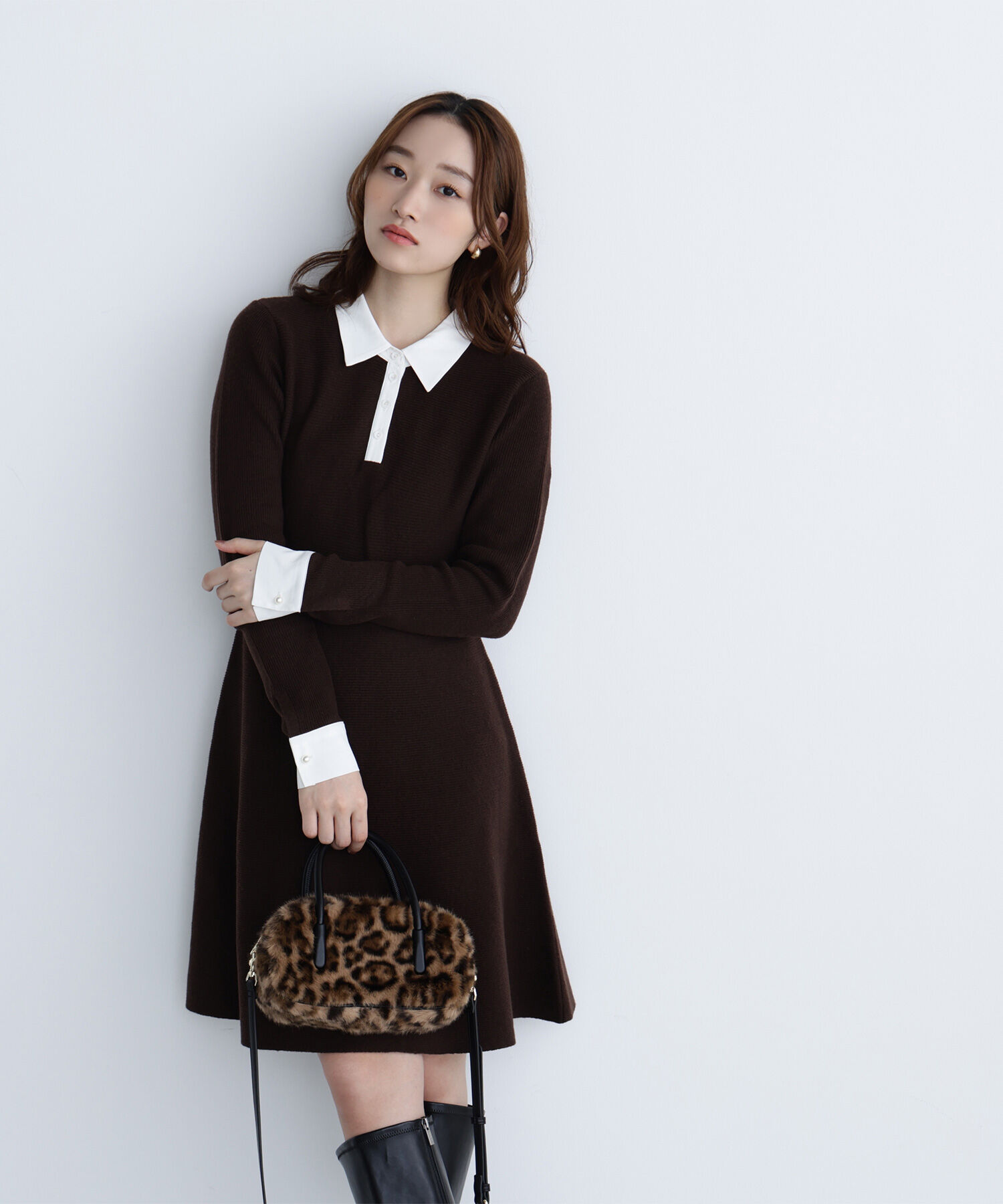  「シャツカラーミニニットワンピース」|ワンピース|