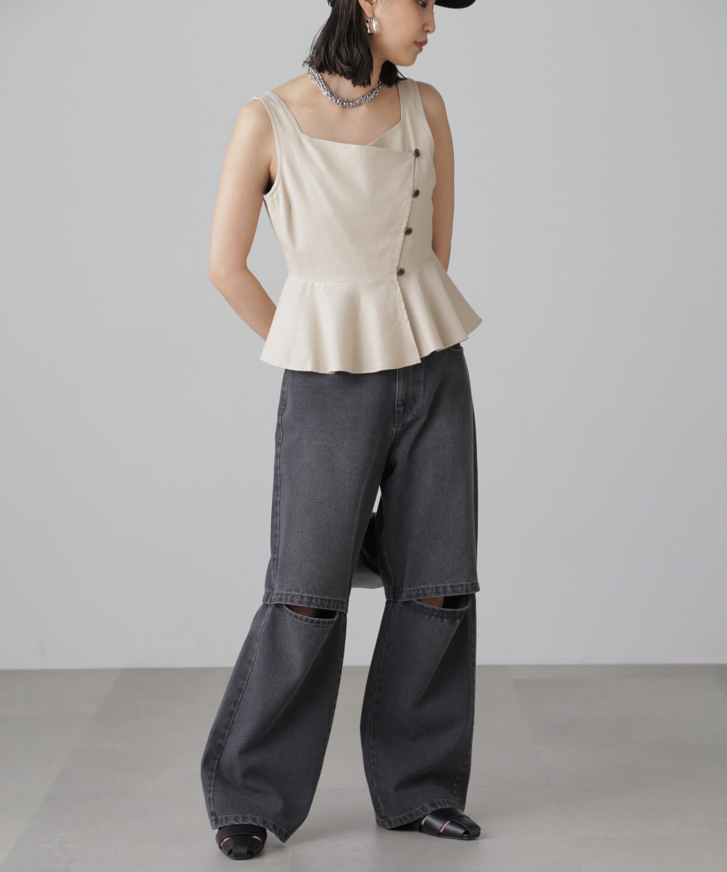  「リネンアシメボタンペプラムブラウス」|シャツ・ブラウス|