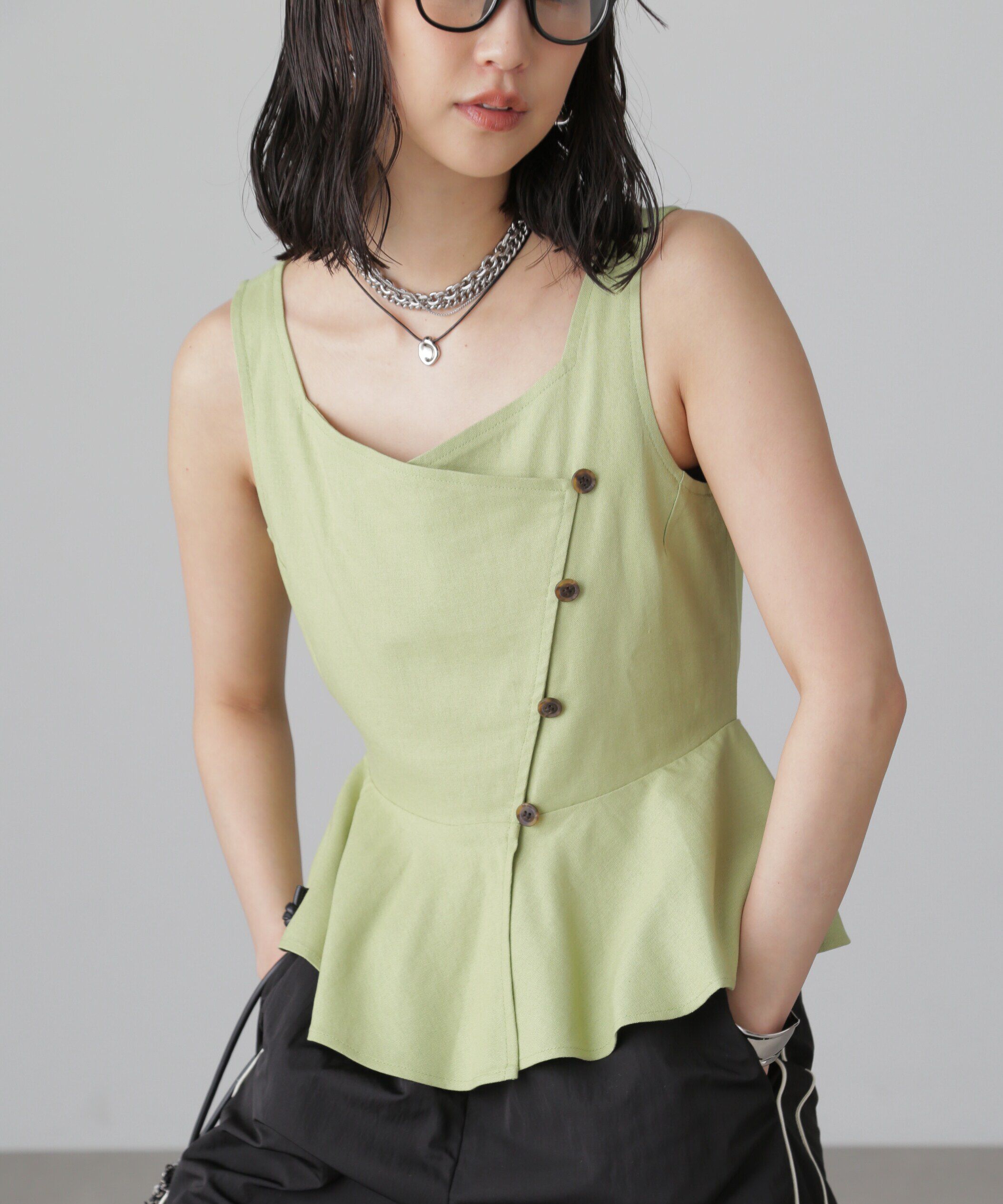  「リネンアシメボタンペプラムブラウス」|シャツ・ブラウス|ライトグリー