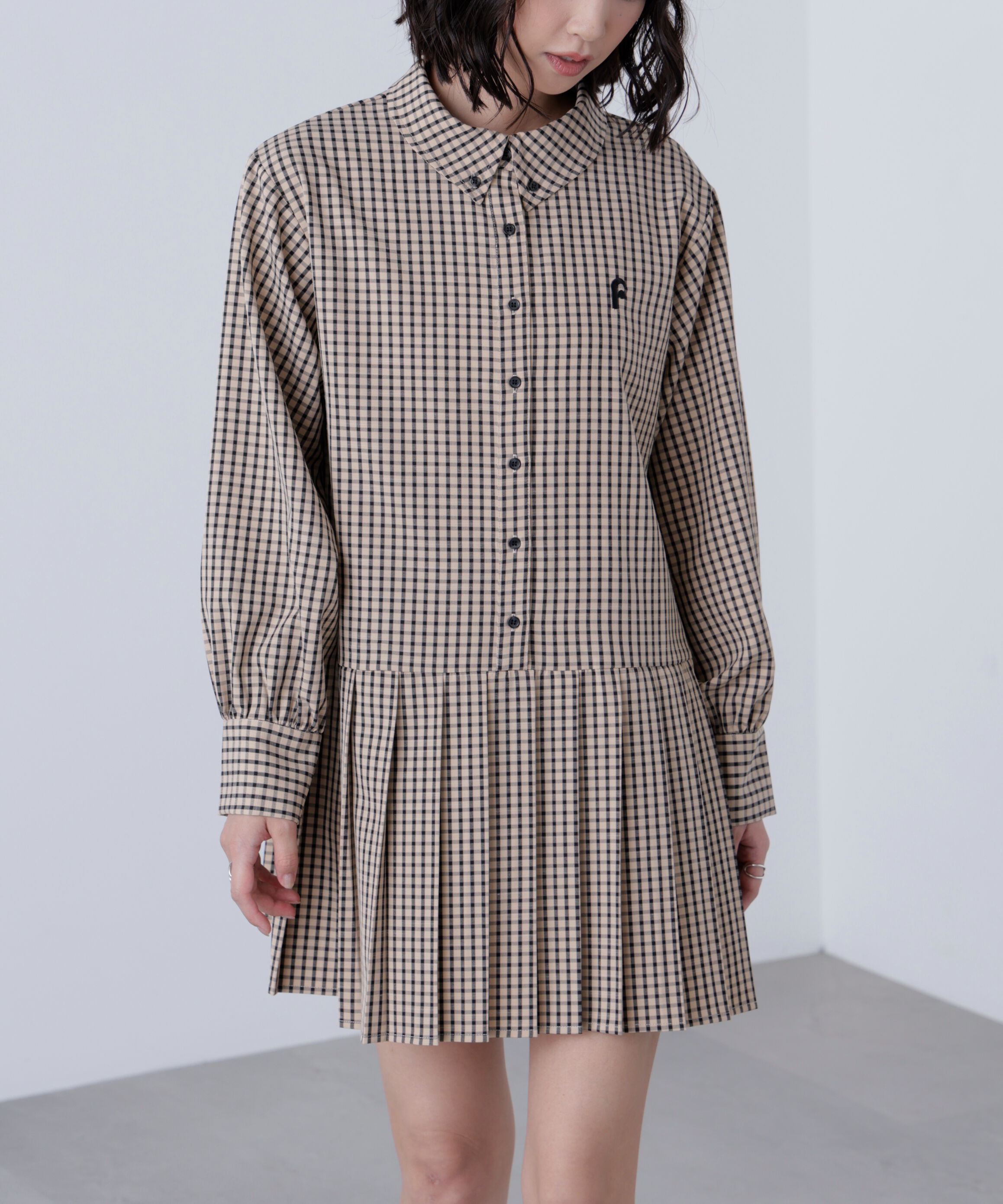  「プリーツシャツロングスリーブミニワンピース」|ワンピース|