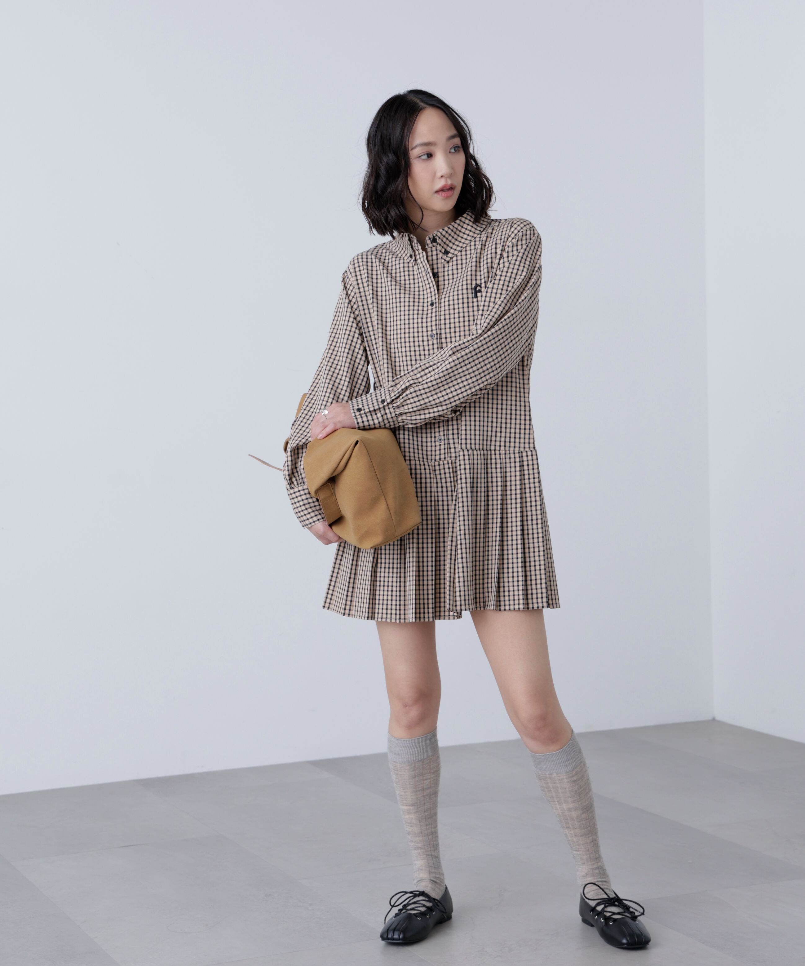  「プリーツシャツロングスリーブミニワンピース」|ワンピース|