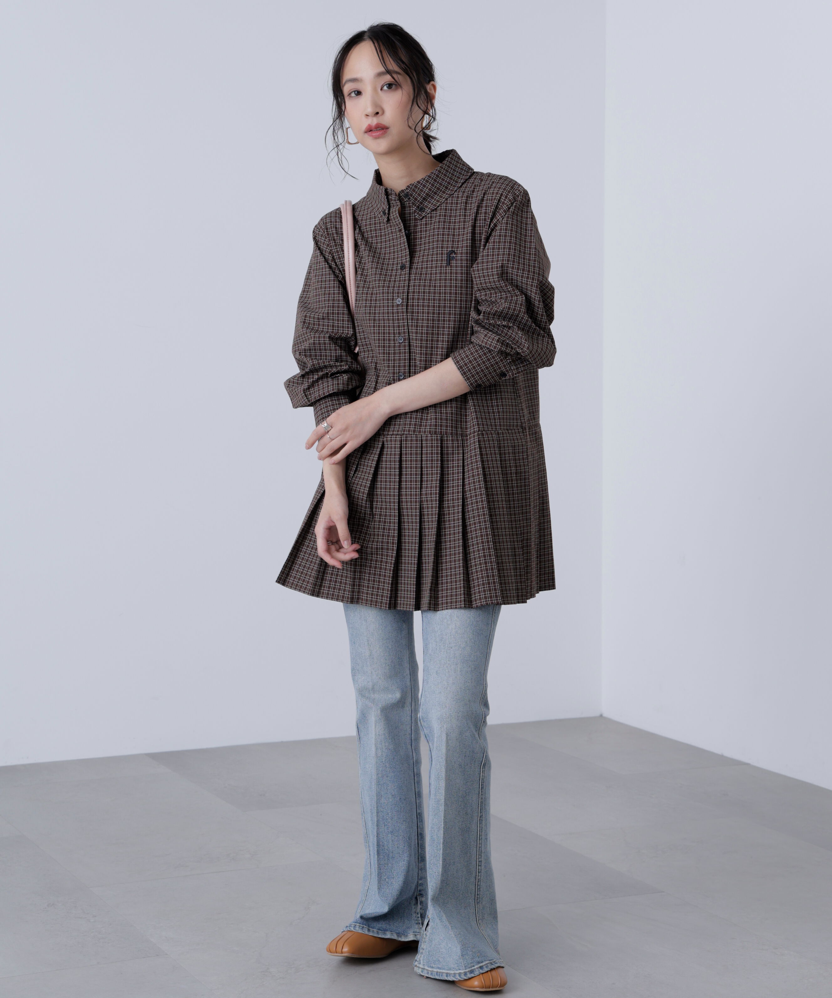  「プリーツシャツロングスリーブミニワンピース」|ワンピース|