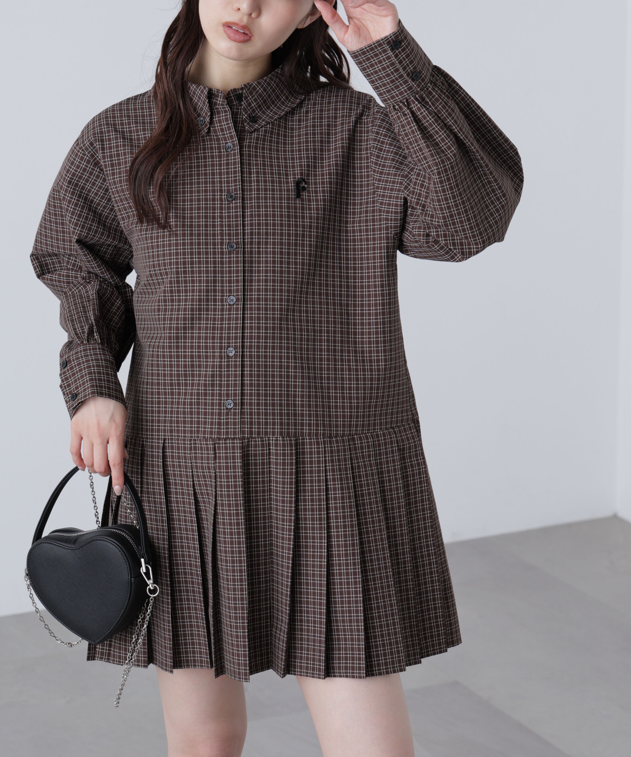  「プリーツシャツロングスリーブミニワンピース」|ワンピース|