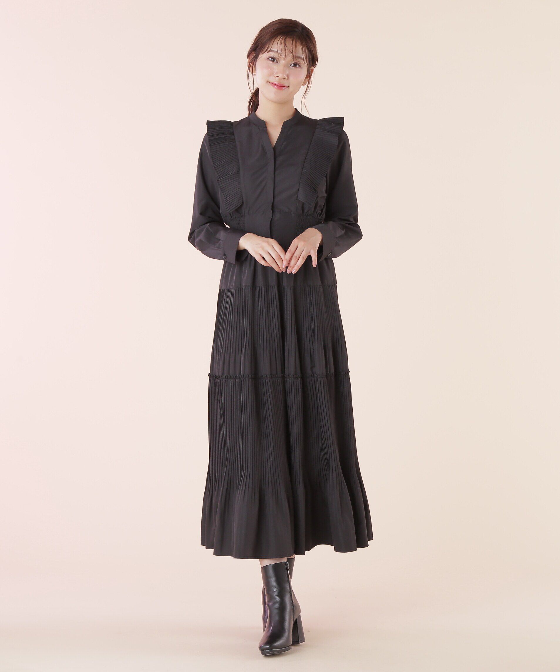  「ボリュームプリーツティアードワンピース」|ワンピース|ブラック