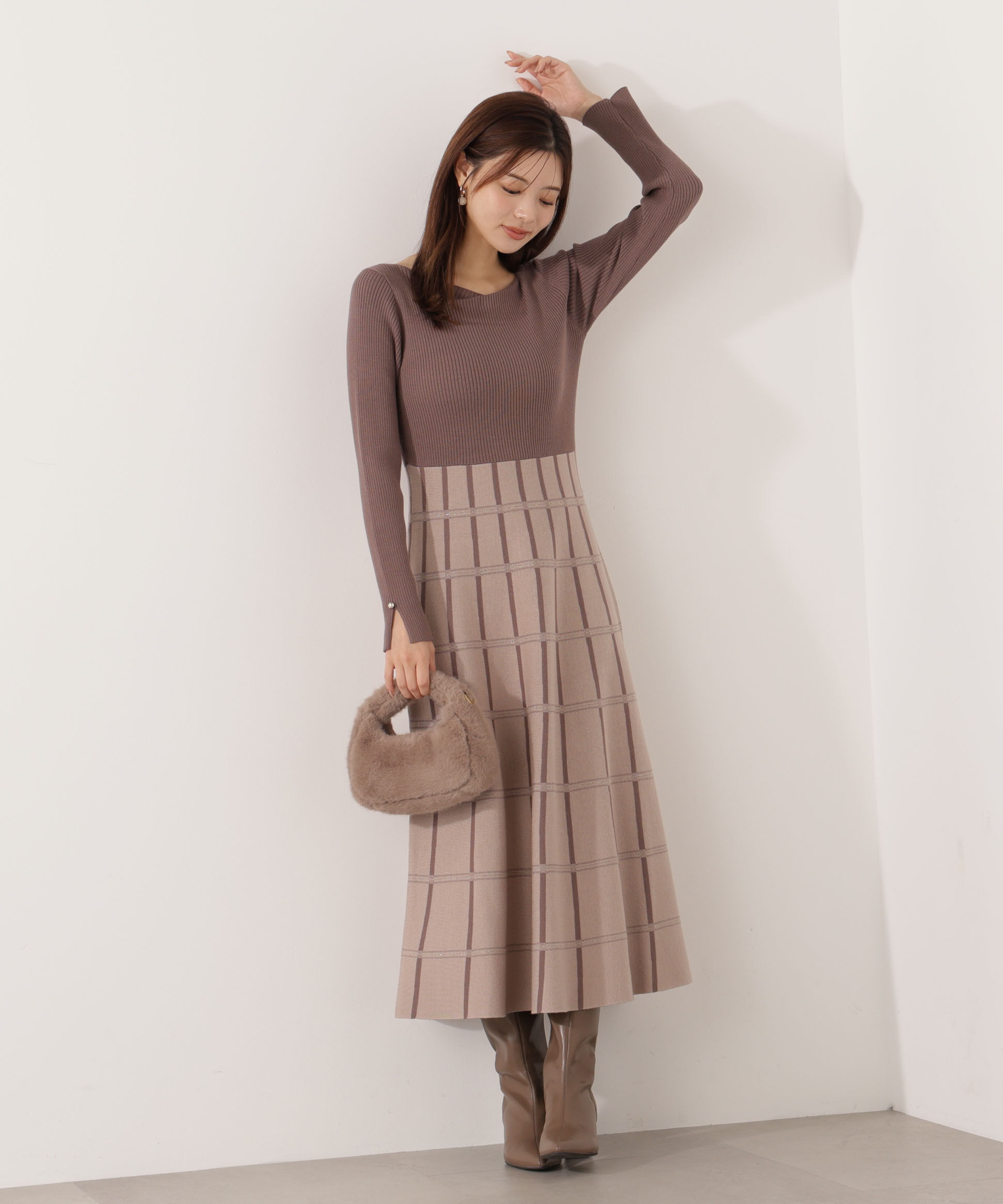 PROPORTION BODY DRESSING「チェック柄ジャガードニットワンピース 25AW」|ワンピース|
