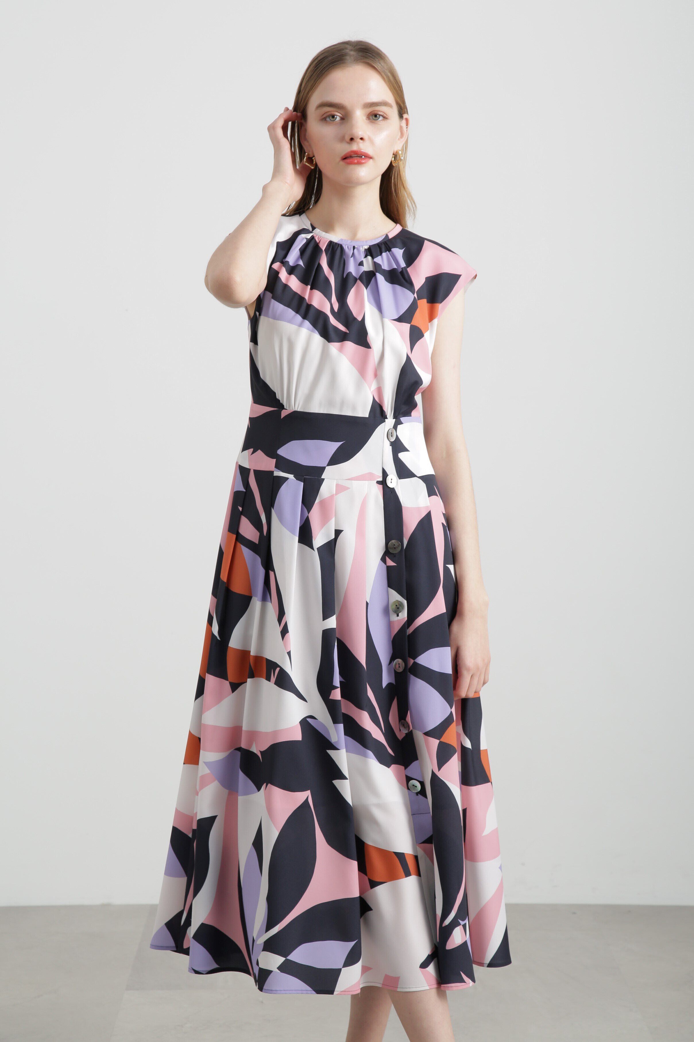  「◆リーフプリントワンピース」|ワンピース|ピンク系1