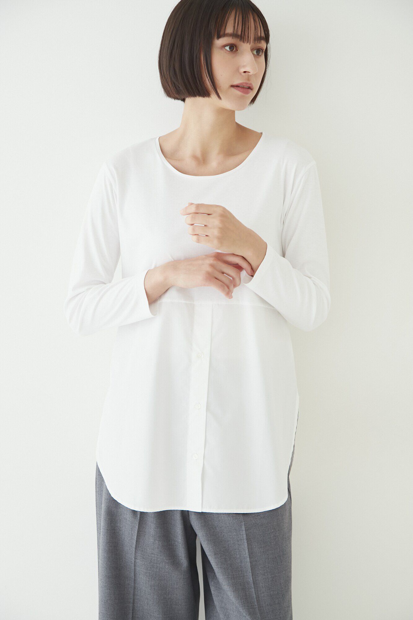  「◆布帛ドッキングクルーネックカットソー」|Tシャツ・カットソー|ホワイト