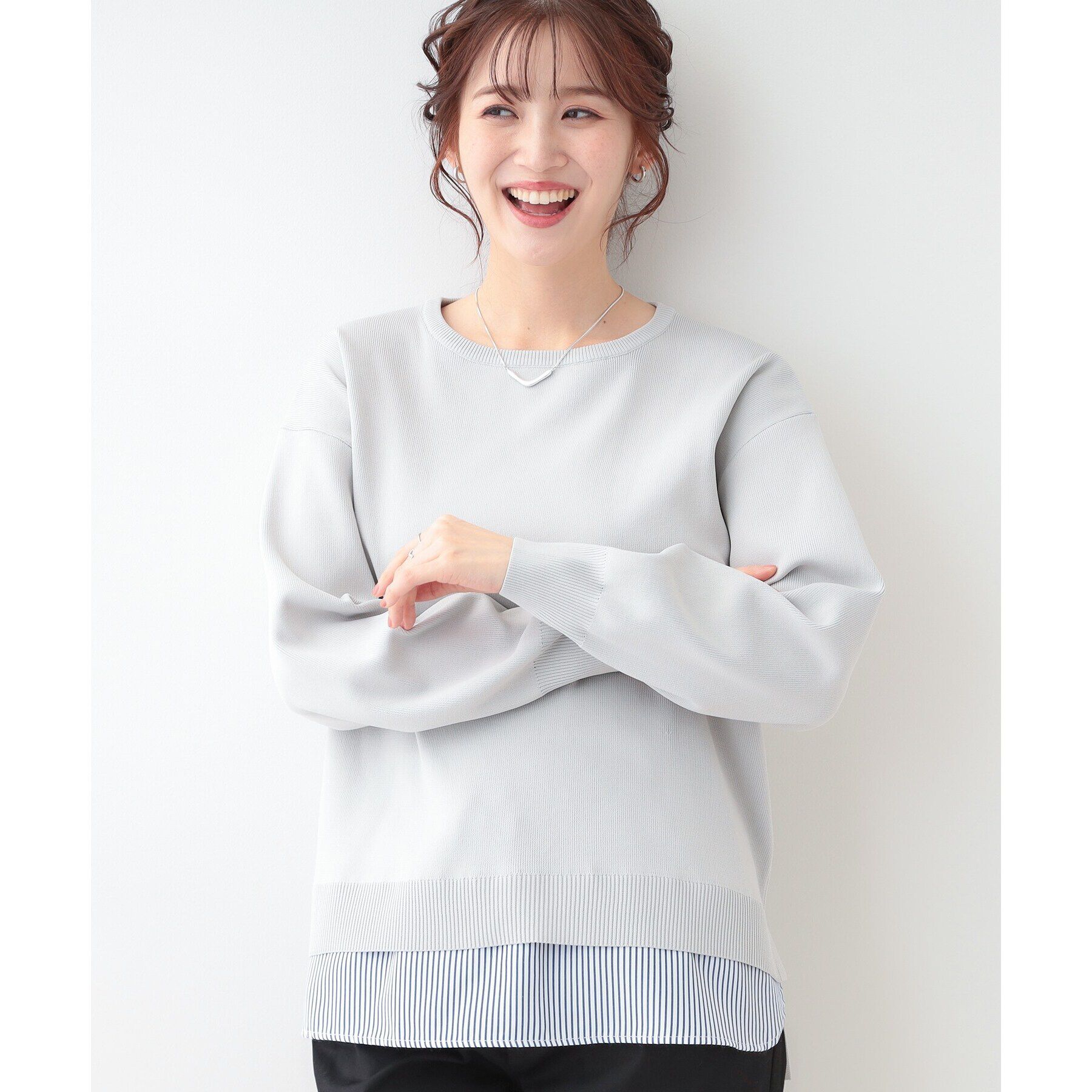 SHOO･LA･RUE「【洗える】一枚で簡単こなれ見え スポンディッシュ 裾レイヤード風ニット」|ニット・セーター|ライトグレー(011