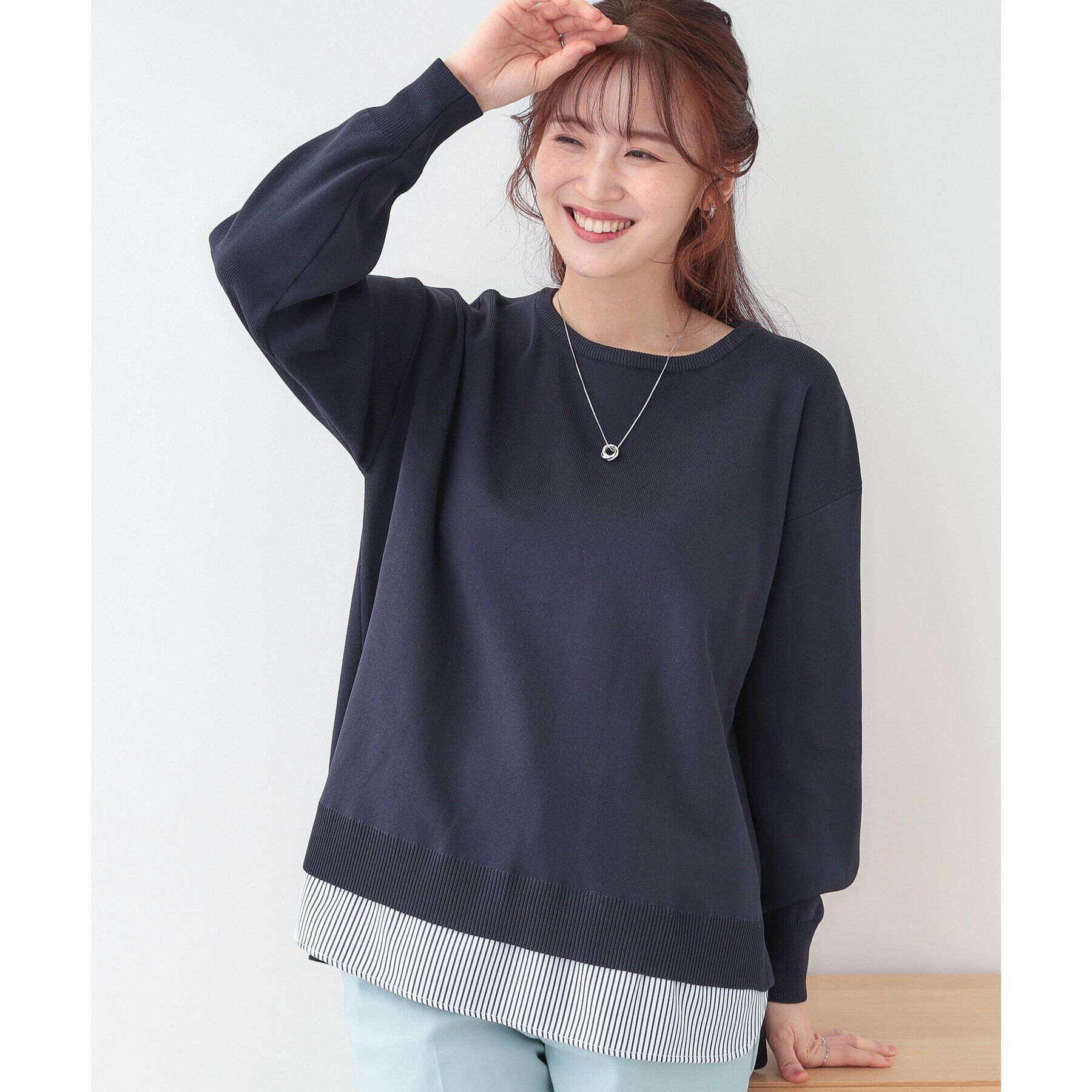SHOO･LA･RUE「【洗える】一枚で簡単こなれ見え スポンディッシュ 裾レイヤード風ニット」|ニット・セーター|ネイビー(094)