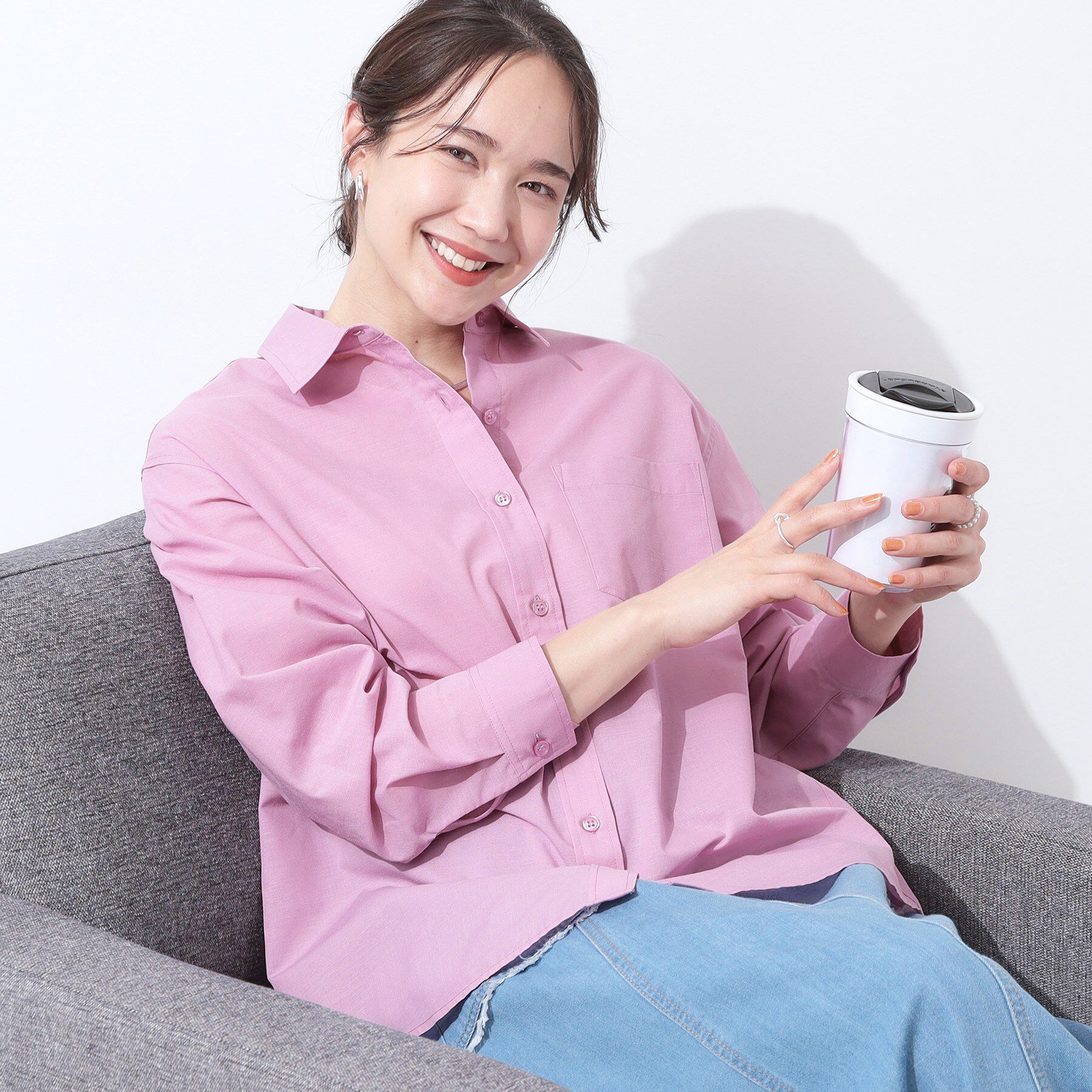 SHOO･LA･RUE「【洗える/S-LL/UV/吸水速乾】洗濯後しわになりにくいリネンブレンドシャツ」|シャツ・ブラウス|ピンク(072)