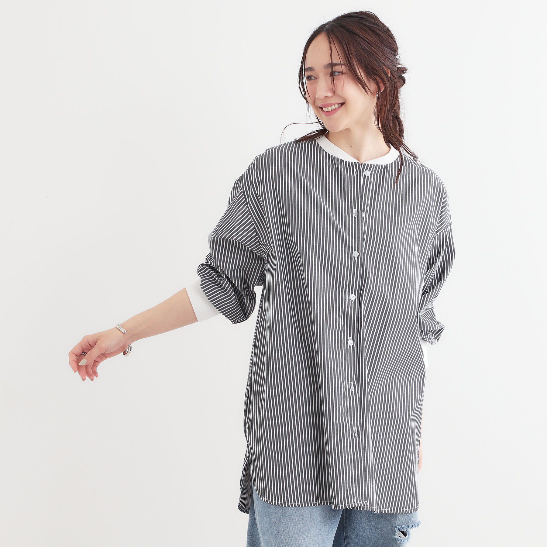 SHOO･LA･RUE「【洗える/S-LL】リブでこなれ感 ゆるっと着られる ロングシャツ」|チュニック|