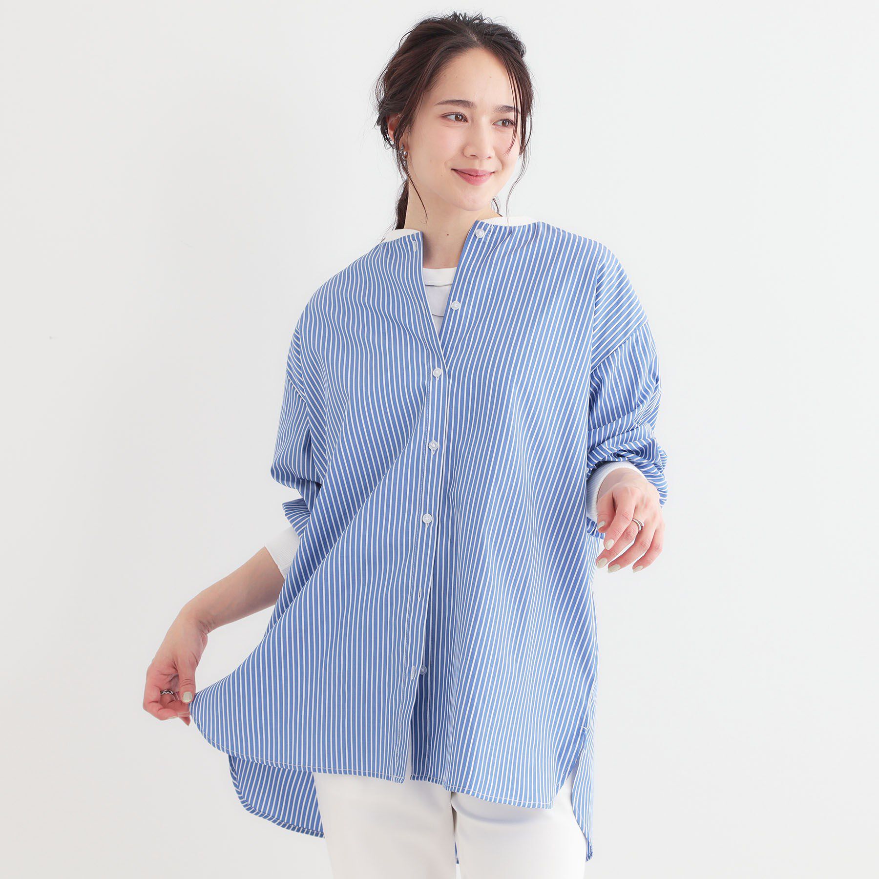 SHOO･LA･RUE「【洗える/S-LL】リブでこなれ感 ゆるっと着られる ロングシャツ」|チュニック|