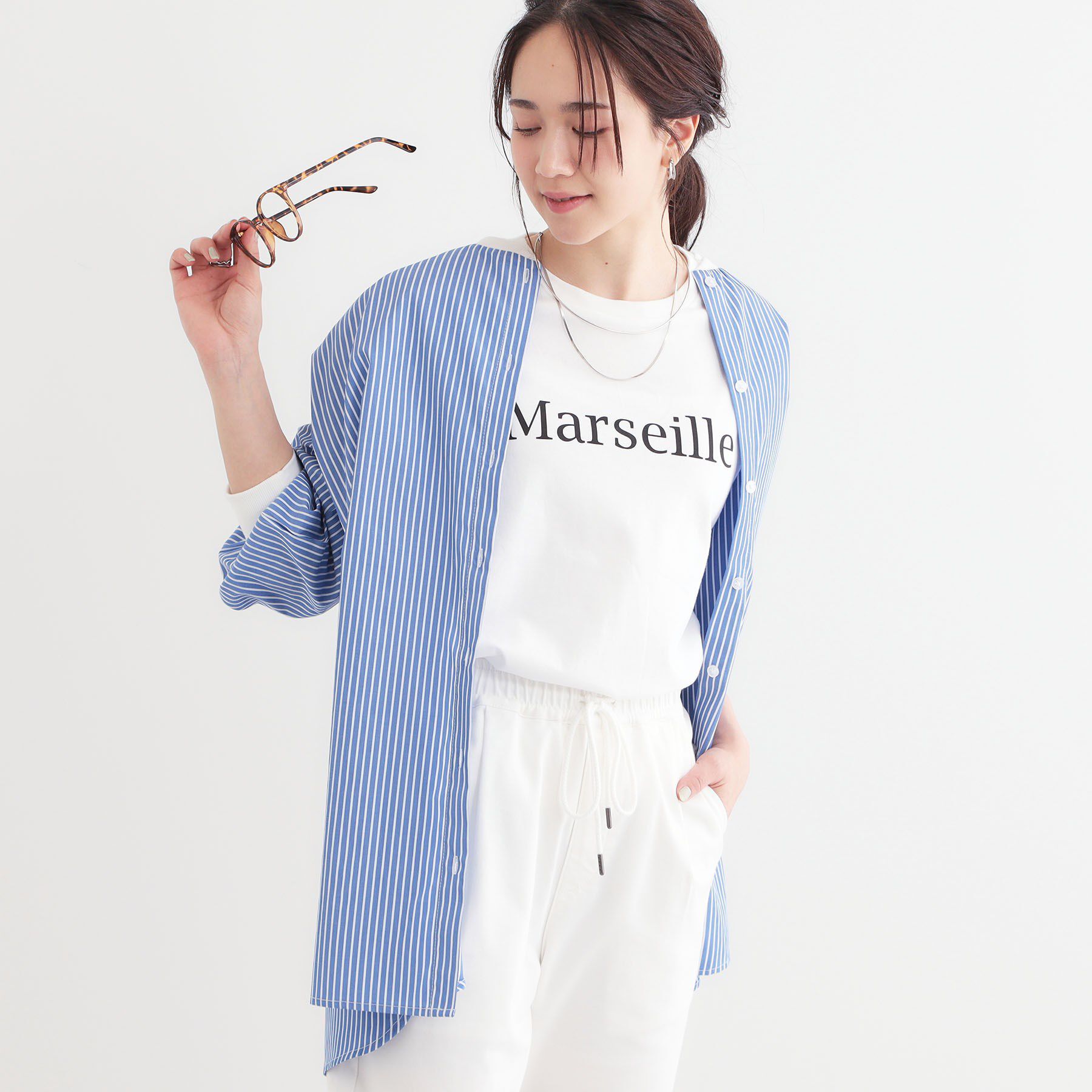 SHOO･LA･RUE「【洗える/S-LL】リブでこなれ感 ゆるっと着られる ロングシャツ」|チュニック|ブルー(392)