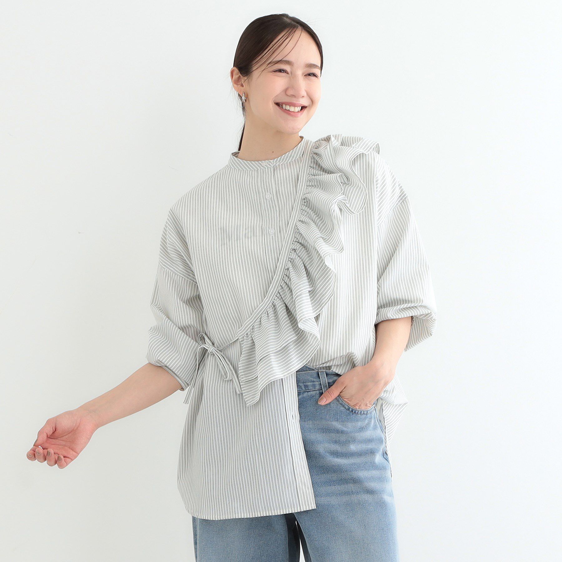 SHOO･LA･RUE「【3WAY】フリルサッシュ付きバンドカラーシャツ」|シャツ・ブラウス|