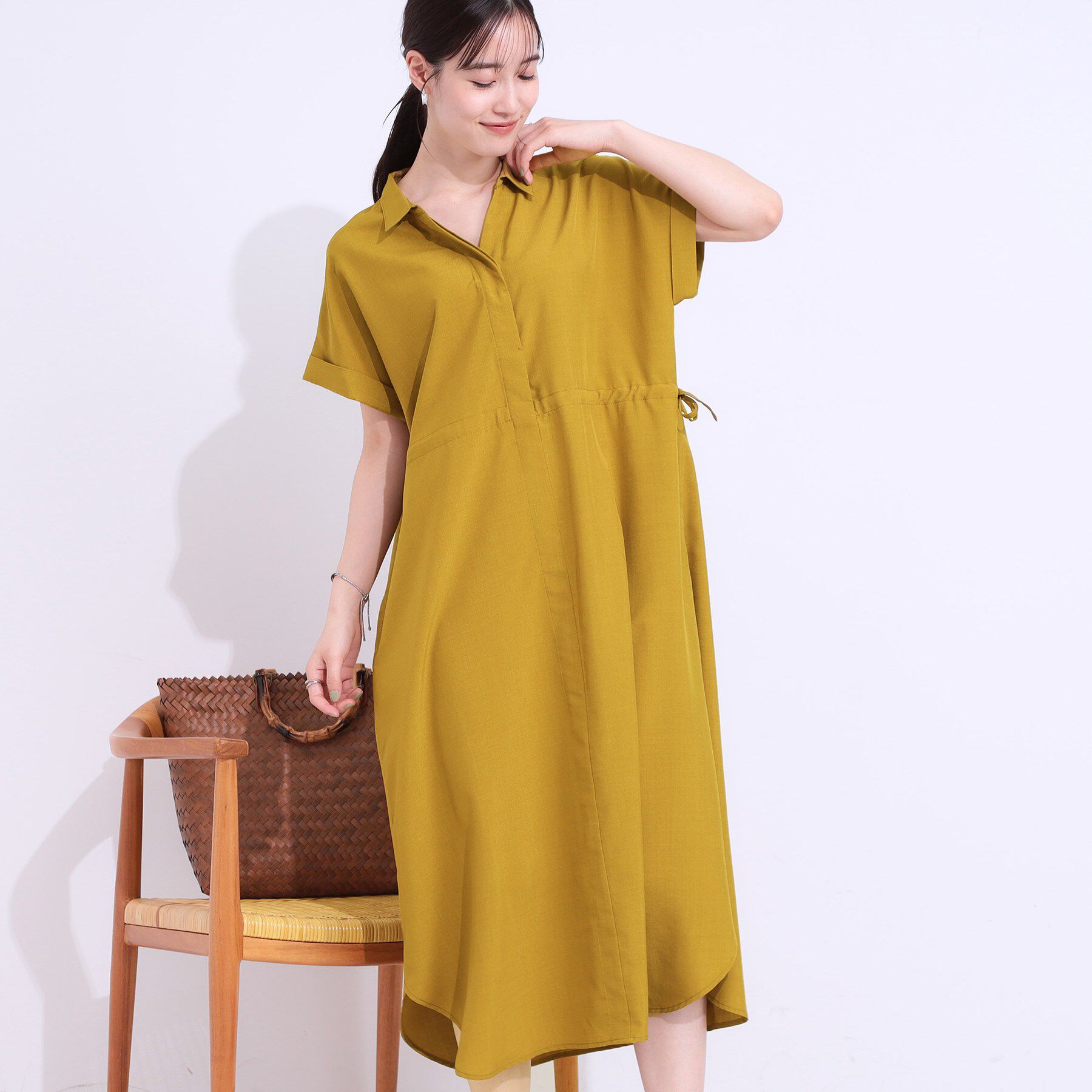 SHOO･LA･RUE「【S-LL】お顔周りすっきり 麻調スキッパーシャツワンピース」|ワンピース|マスタード(033)