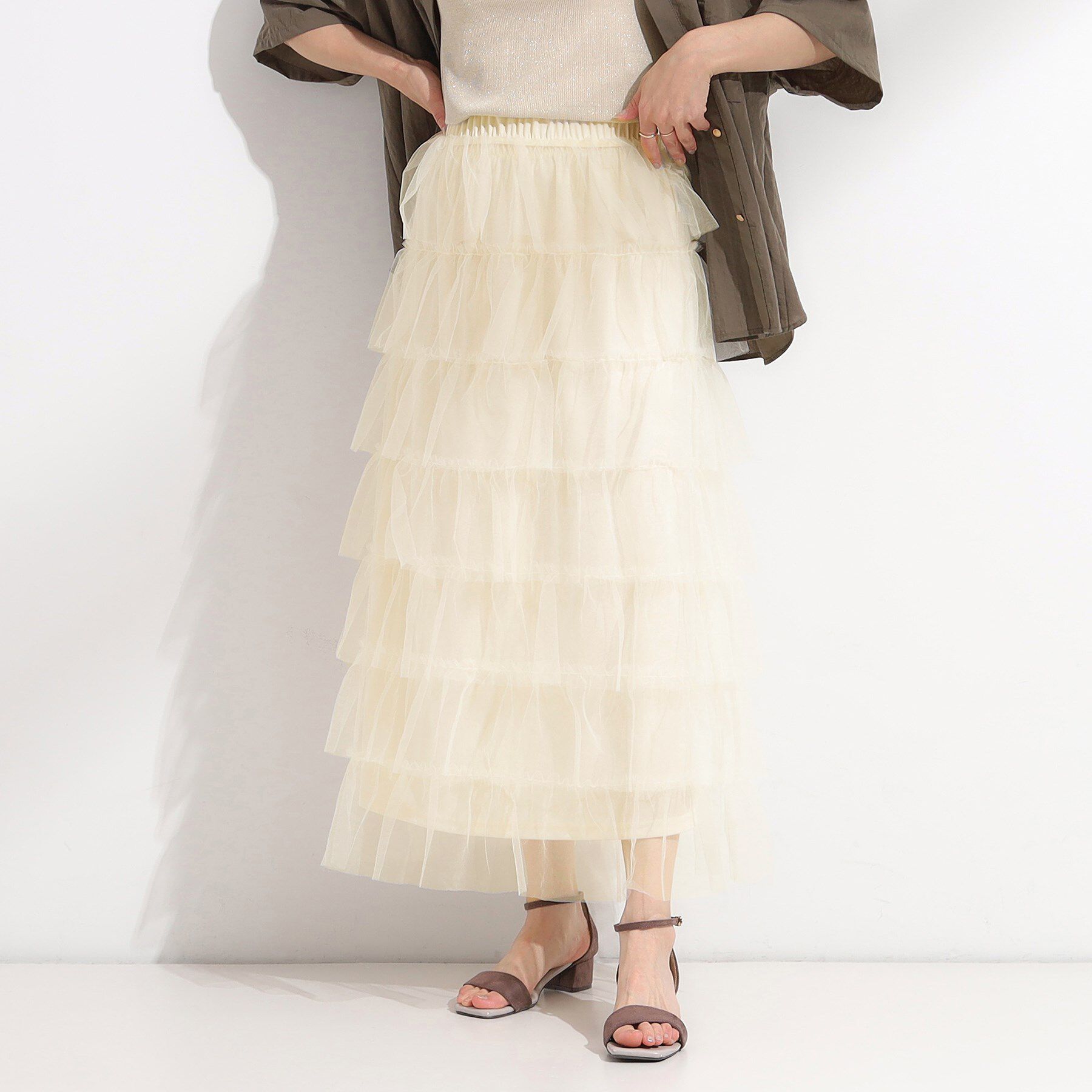 SHOO･LA･RUE「【2点セット/S-LL】コーデの主役になる チュールティアードスカート」|スカート|アイボリー(004)