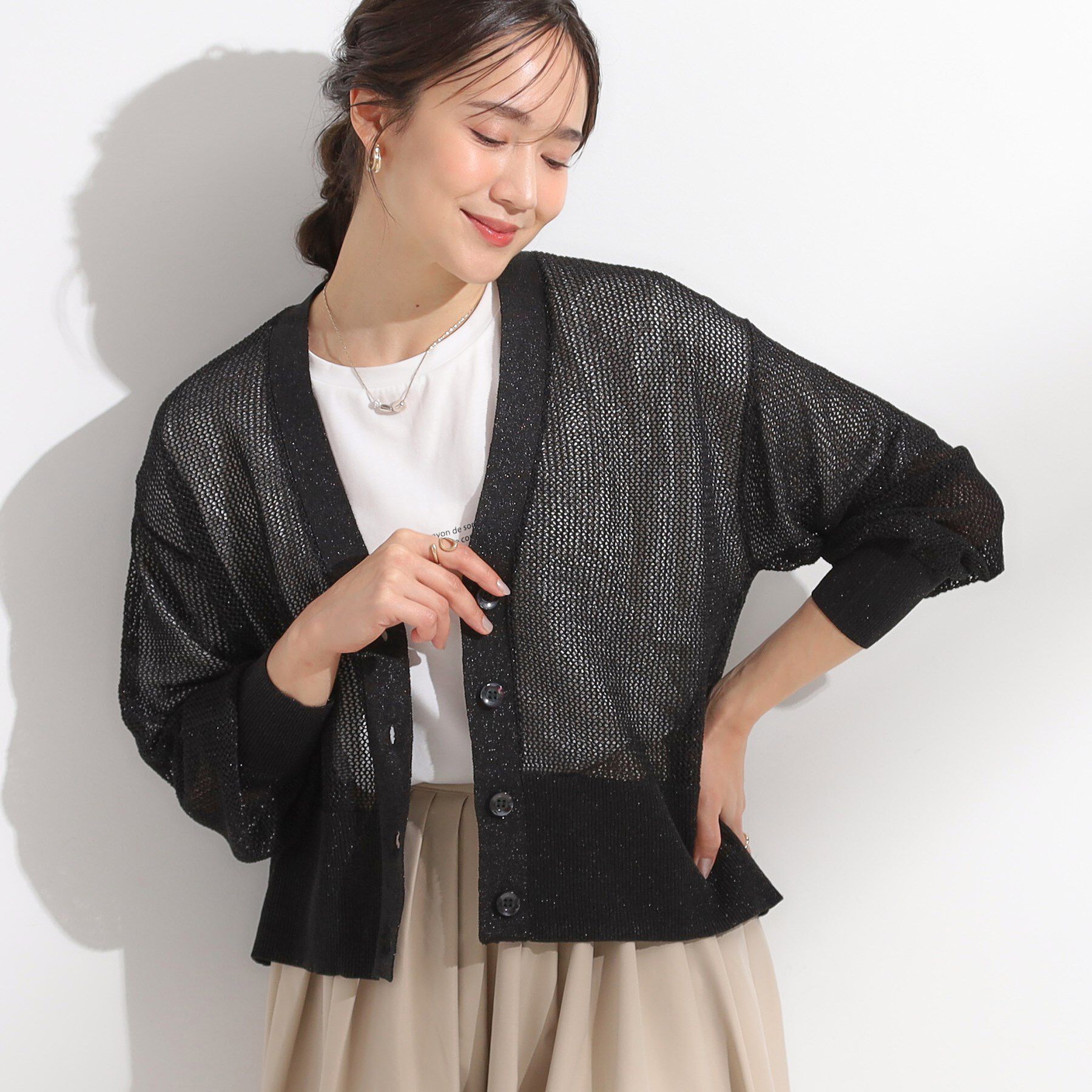 SHOO･LA･RUE「キラッと光るラメとスパンコールが印象的 メッシュカーディガン」|カーディガン|ブラック(019)