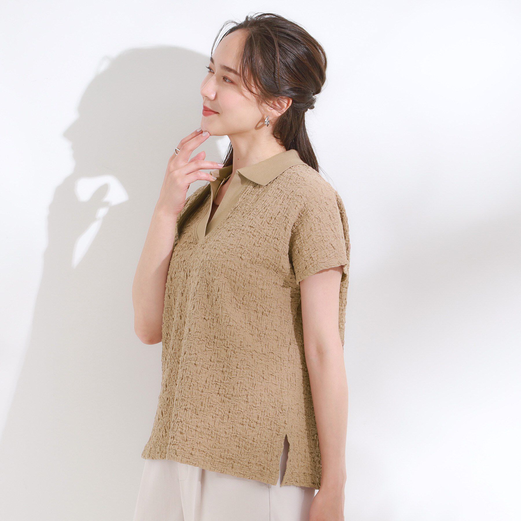 SHOO･LA･RUE「【S-LL】一枚で着映え フレンチスリーブ ポロスキッパートップス」|Tシャツ・カットソー|