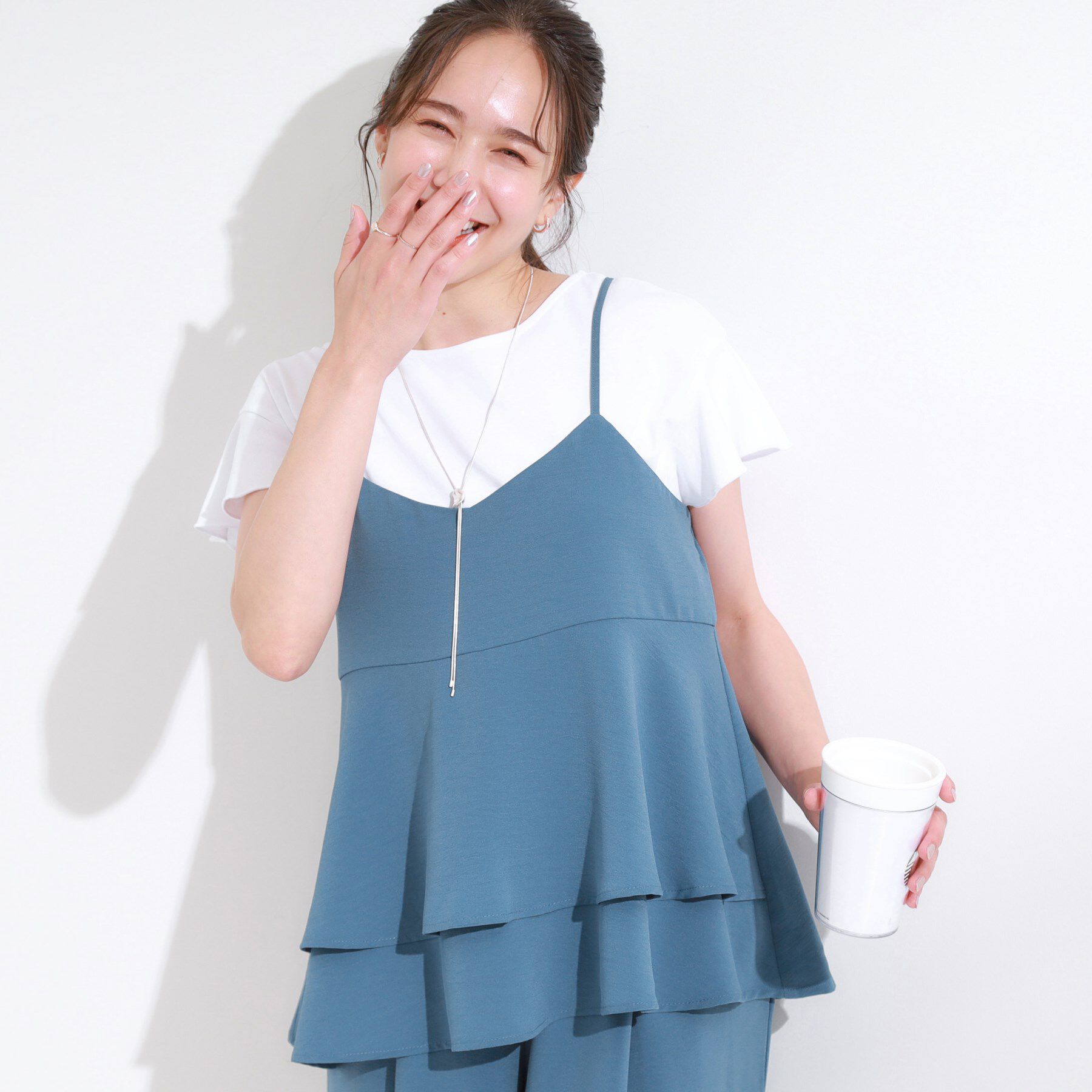 SHOO･LA･RUE「【S-LL/セットアップ可/ひんやり】女性らしさ溢れる ティアードキャミソール」|キャミソール|ブルー(092)