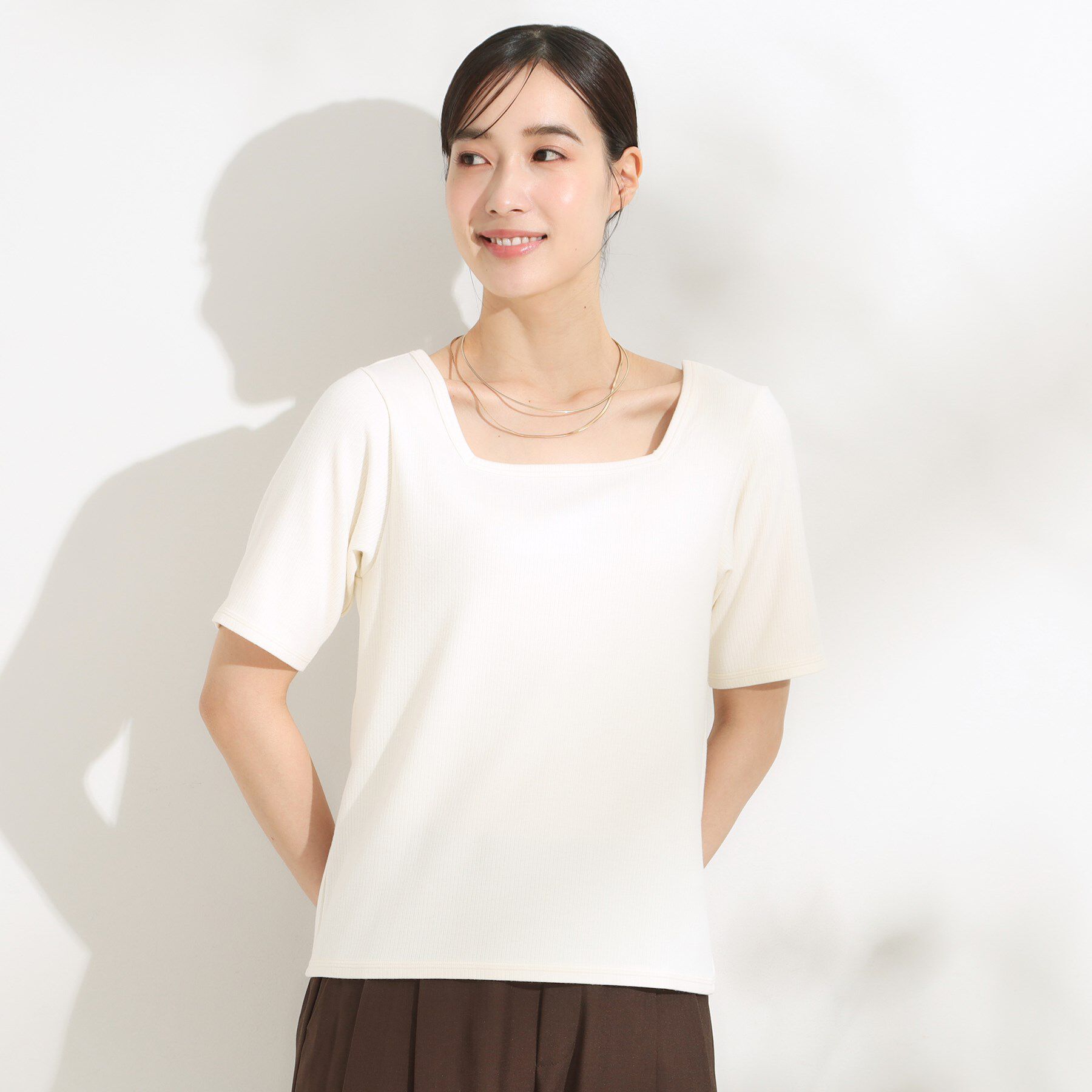 SHOO･LA･RUE「【S-LL/ひんやり/前後2WAY】シンプルだから使いやすい テレコTシャツ」|Tシャツ・カットソー|