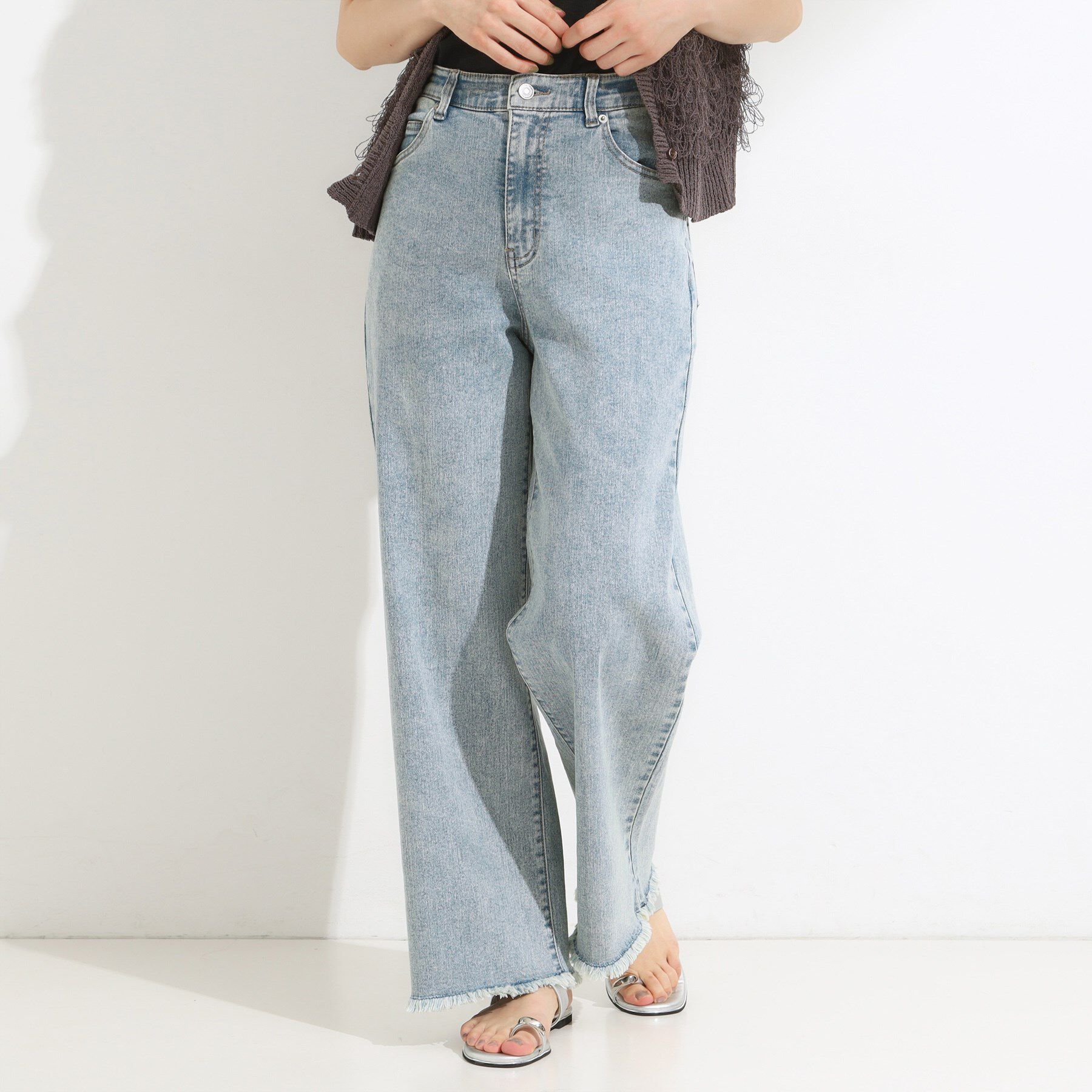 SHOO･LA･RUE「【S-LL/裏ひんやり/ストレッチ】ワイドストレートデニムパンツ」|デニム|