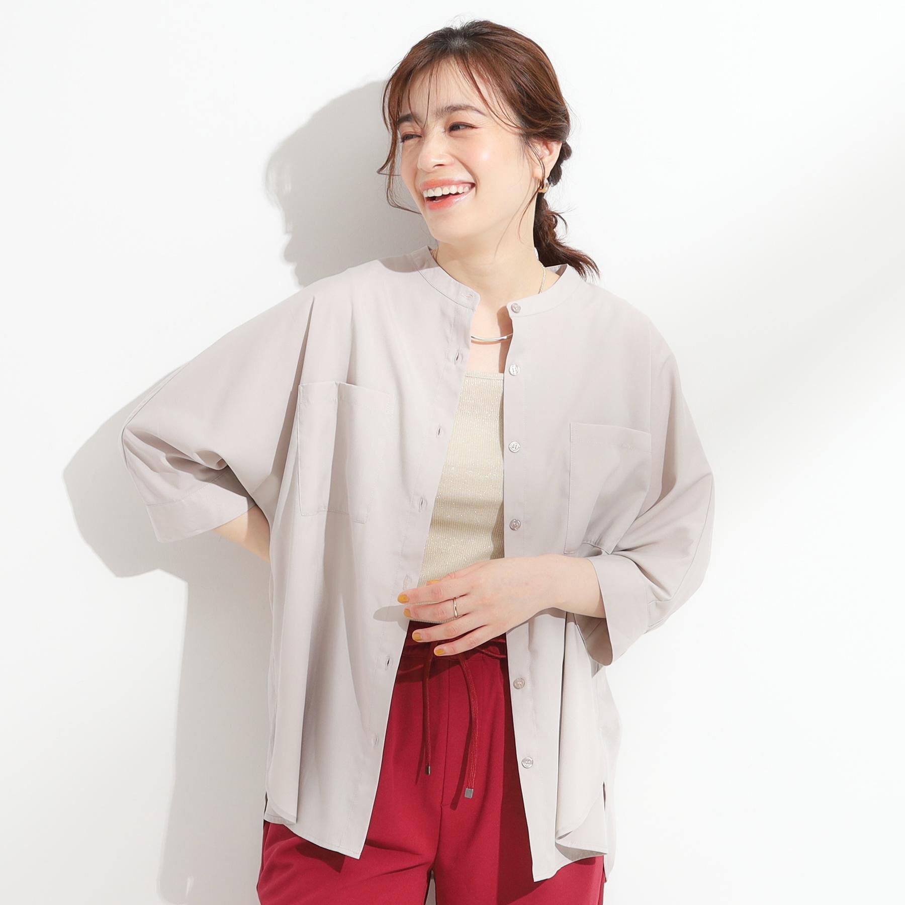 SHOO･LA･RUE「【S-LL/洗濯後しわになりにくい】コットン風 前あきドルマンブラウス」|シャツ・ブラウス|